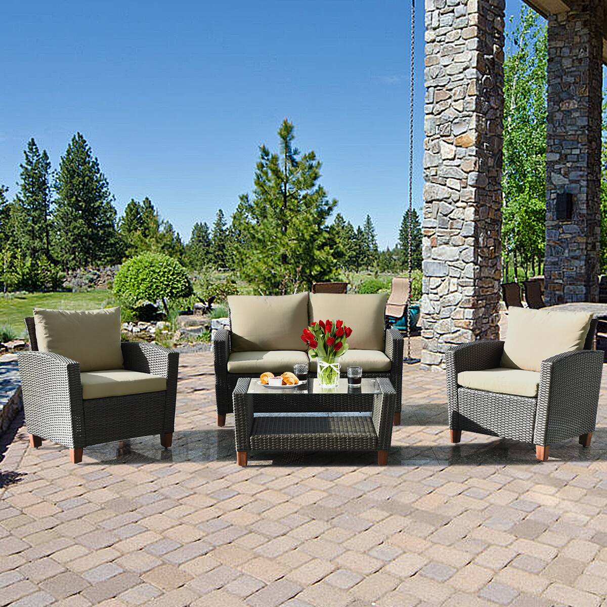 Front. Gymax - Gymax 4PCS Cushioned Rattan Conversation Set w/ Coffee Table Patio Outdoor - Beige.