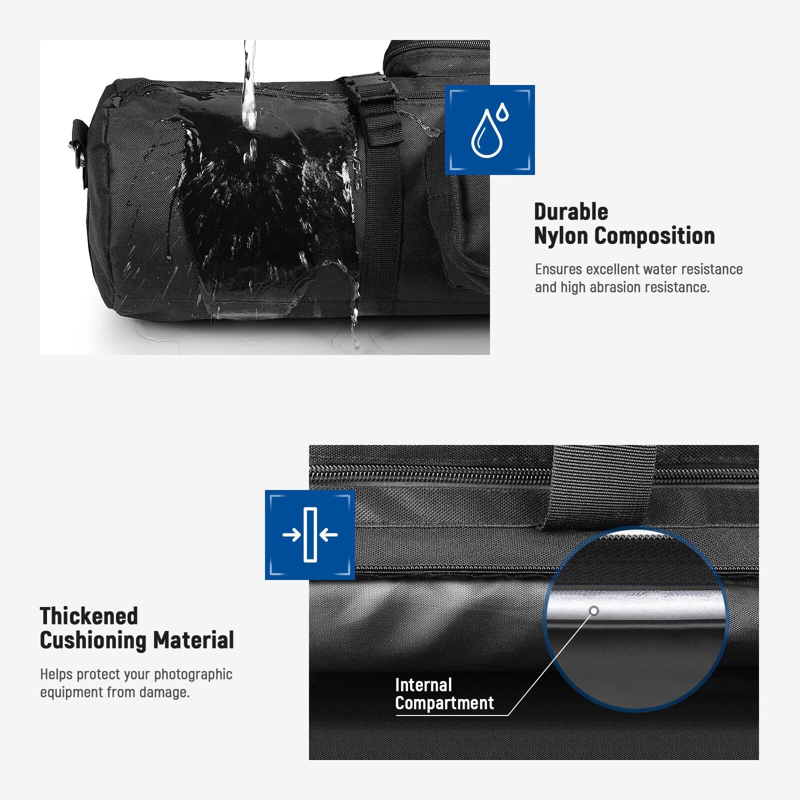Durable Nylon Composition  
Ensures excellent water resistance and high abrasion resistance.

Thickened Cushioning Material  
Helps protect your photographic equipment from damage.

Internal Compartment