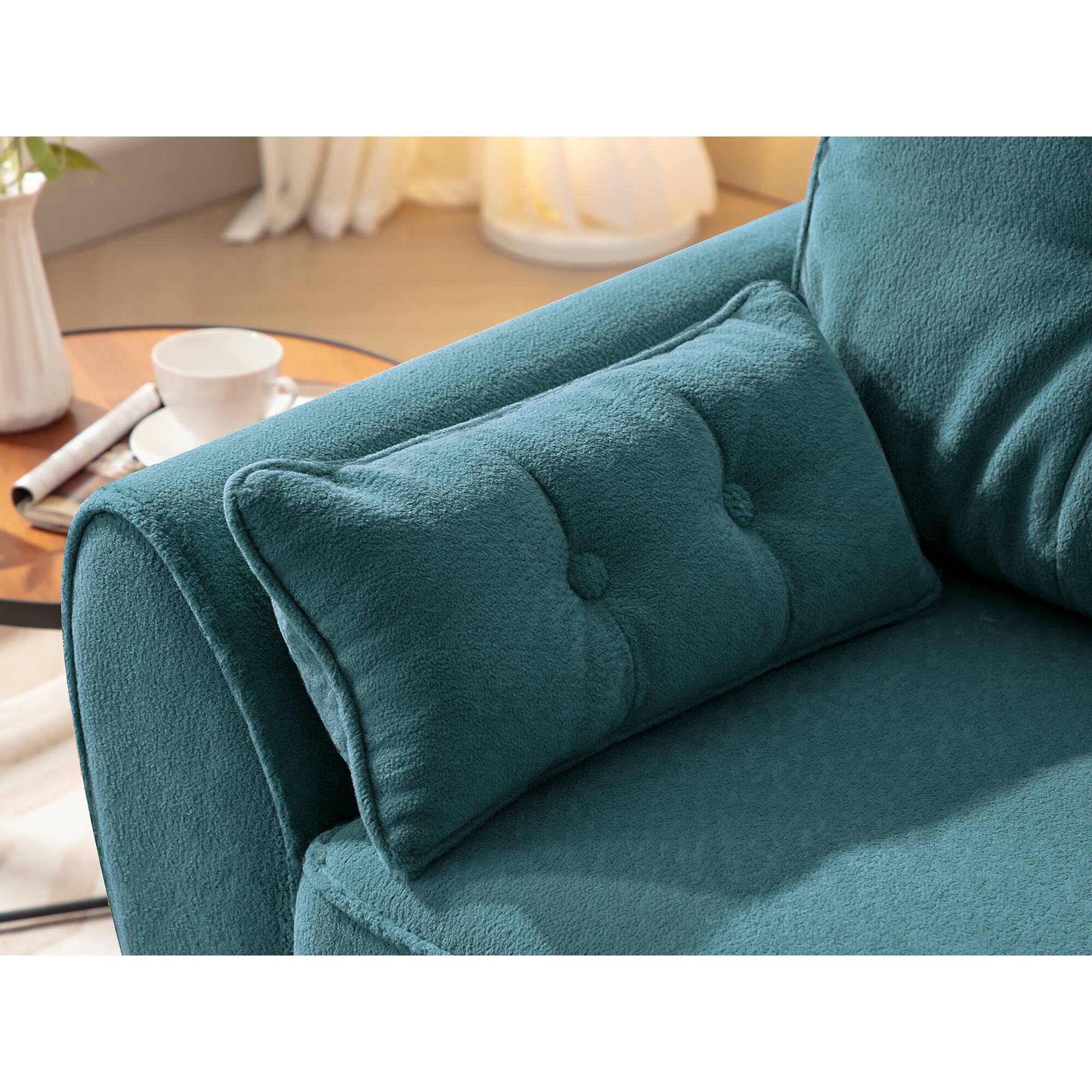 Angle. KERDOM - Soft Teddy Fleece Loveseat Futon Small Couch for Apt, Office, Deep Seat Sofa Bed, Fluffy Thick Back Cushion, Arms Pillow - Blue.
