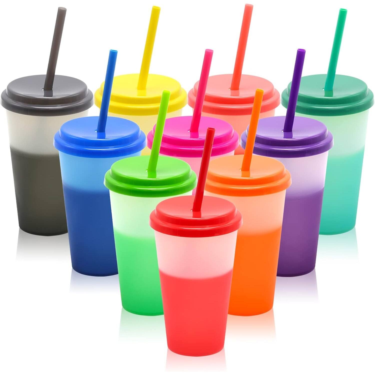PARKER SLATER - 10-pack 12oz color changing plastic tumblers with lids and straws, reusable leak-proof party cups for kids' drinks - Multicolor