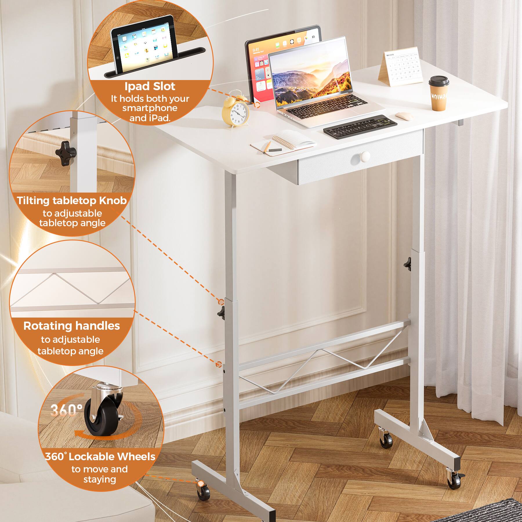 Ipad Slot It holds both your smartphone and iPad. - - - - . SHIOH Tilting tabletop Knob to adjustable tabletop angle - - - - . Rotating handles to adjustable tabletop angle 360 360 Lockable Wheels to move and staying