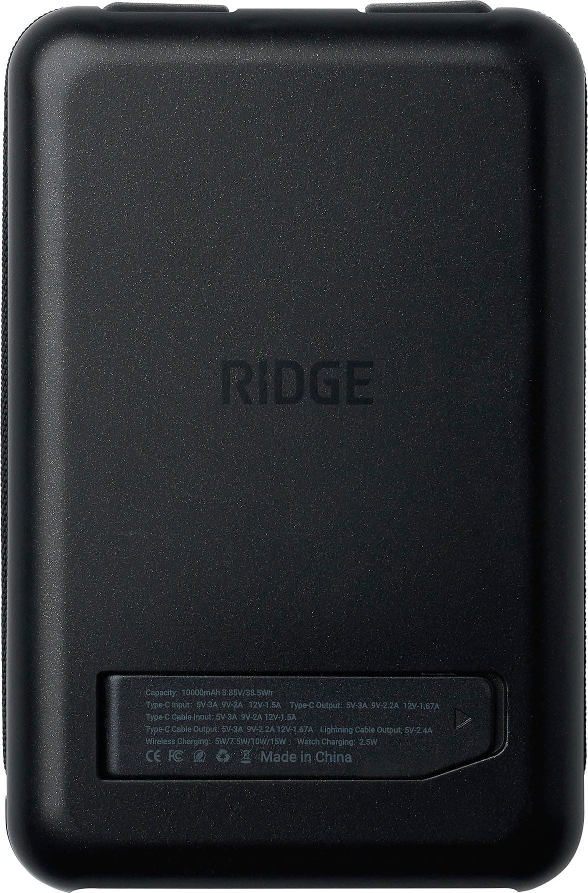 Ridge Capacity: 10000mAh 3.85V/38.5Wh Type-C Input: 5V-3A 9V-2A 12V-1.5A Type-C Output: SV-3A 9V-2.2A 12V-1.67A Type-C Cable Input/Output: 5V-3A 9V-2A 12V-1.5A Lightning Cable Output: SV-2.4A Wireless Charging: W/75W/10W/15W Watch Charging: 2.5W CE FC Made in China