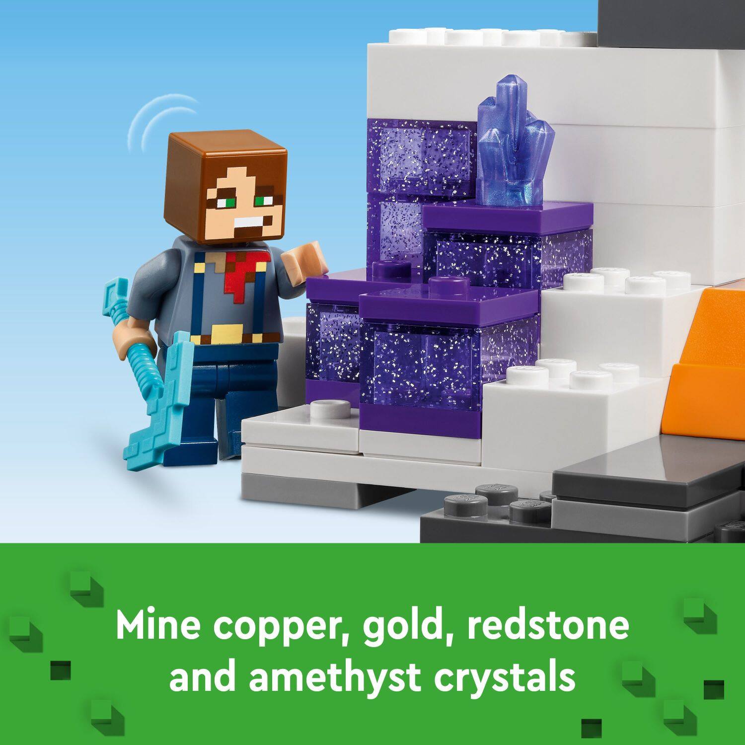 Mine copper, gold, redstone, and amethyst crystals.