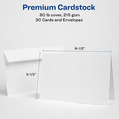 Premium Cardstock  
80 lb cover, 216 gsm  
30 Cards and Envelopes  
8-1/2" x 5-1/2"