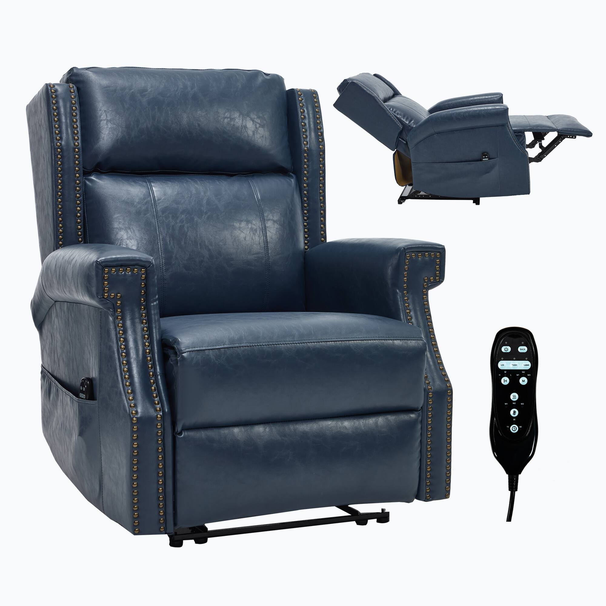 Left. AENKYO - Faux Leather Massage Recliner Chair with 8 Vibrating Nodes and 3 Massage Modes - Blue.