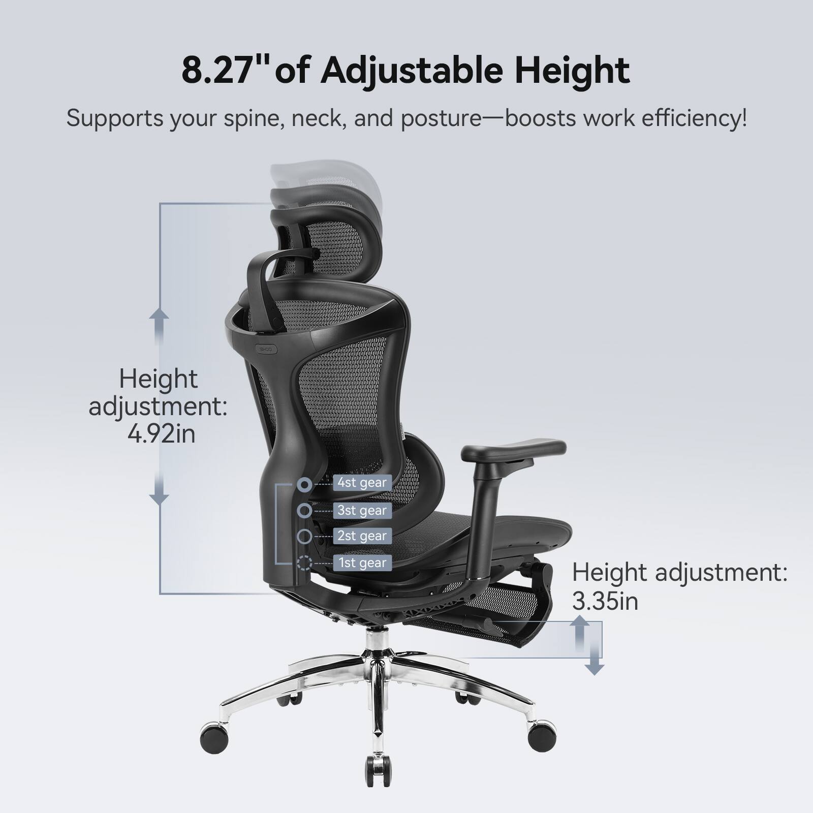 8.27" of Adjustable Height  
Supports your spine, neck, and posture—boosts work efficiency!  

Height adjustment: 4.92in  
4th gear  
3rd gear  
2nd gear  
1st gear  

Height adjustment: 3.35in