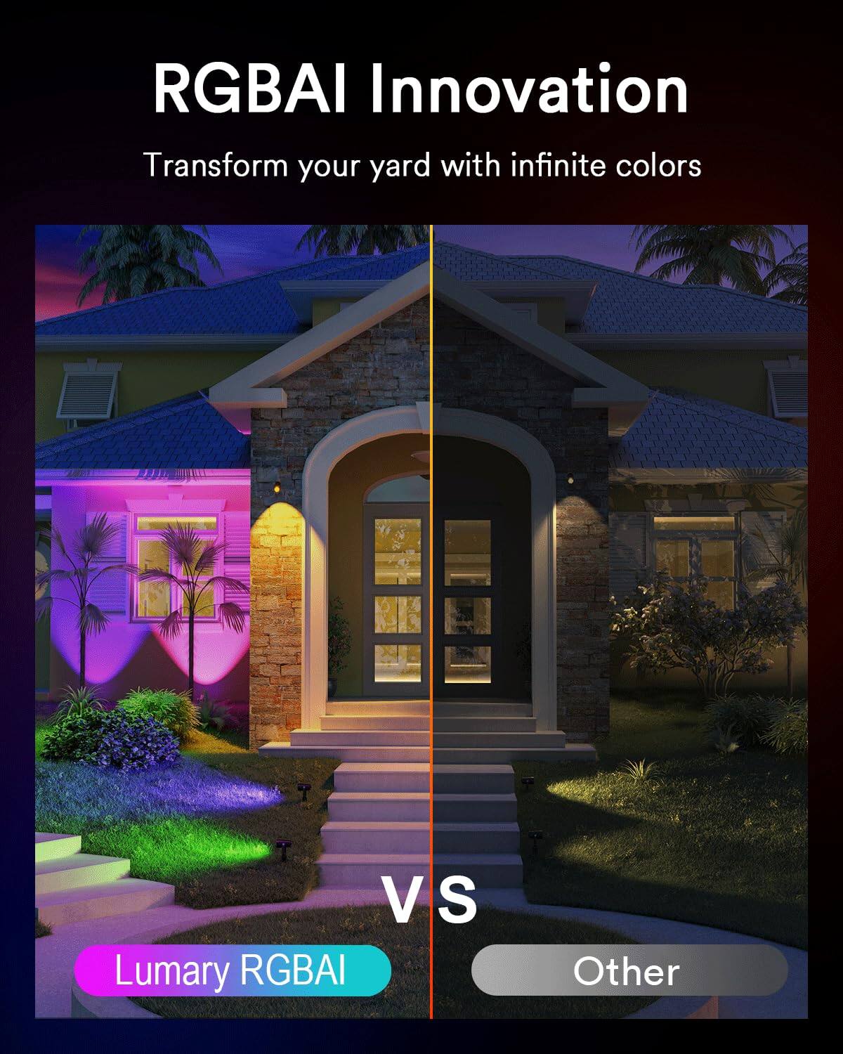 RGBAI Innovation  
Transform your yard with infinite colors  

VS  

Lumary RGBAI  
Other