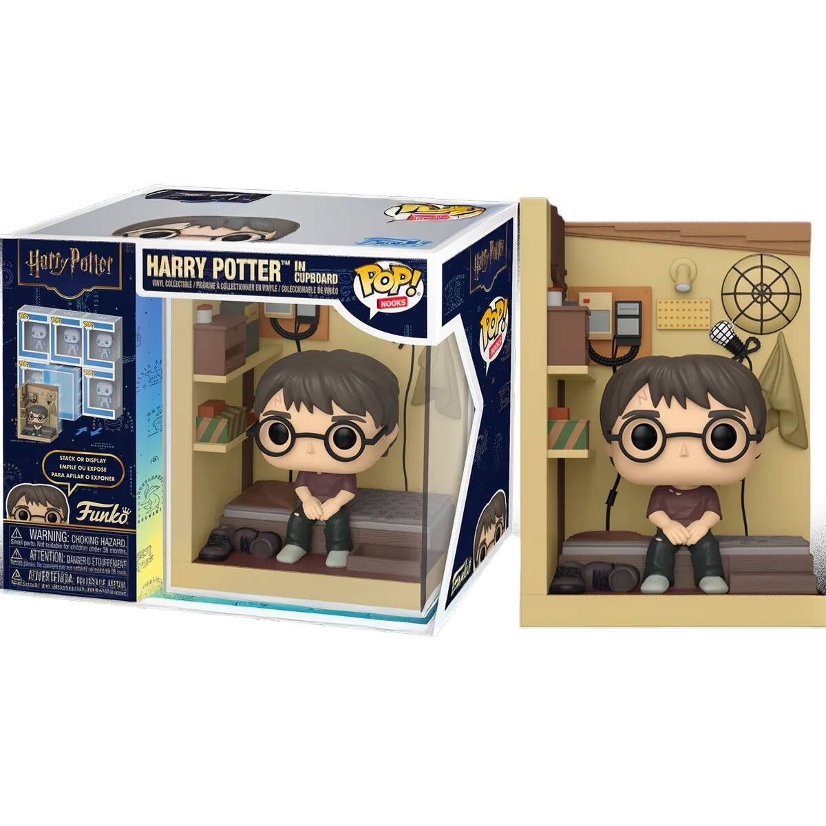 Harry Potter  
HARRY POTTER IN CUPBOARD  
POP! NOOKS  
STACK OR DISPLAY  
WARNING: CHOKING HAZARD - Small parts. Not for children under 3 years.  
ATTENTION: DANGER DE CHOKING - Petits pièces. Ne convient pas aux enfants de moins de 3 ans.  
ADVERTENCIA: PELIGRO DE AHOGO - Piezas pequeñas. No es adecuado para niños menores de 3 años.  
Funko