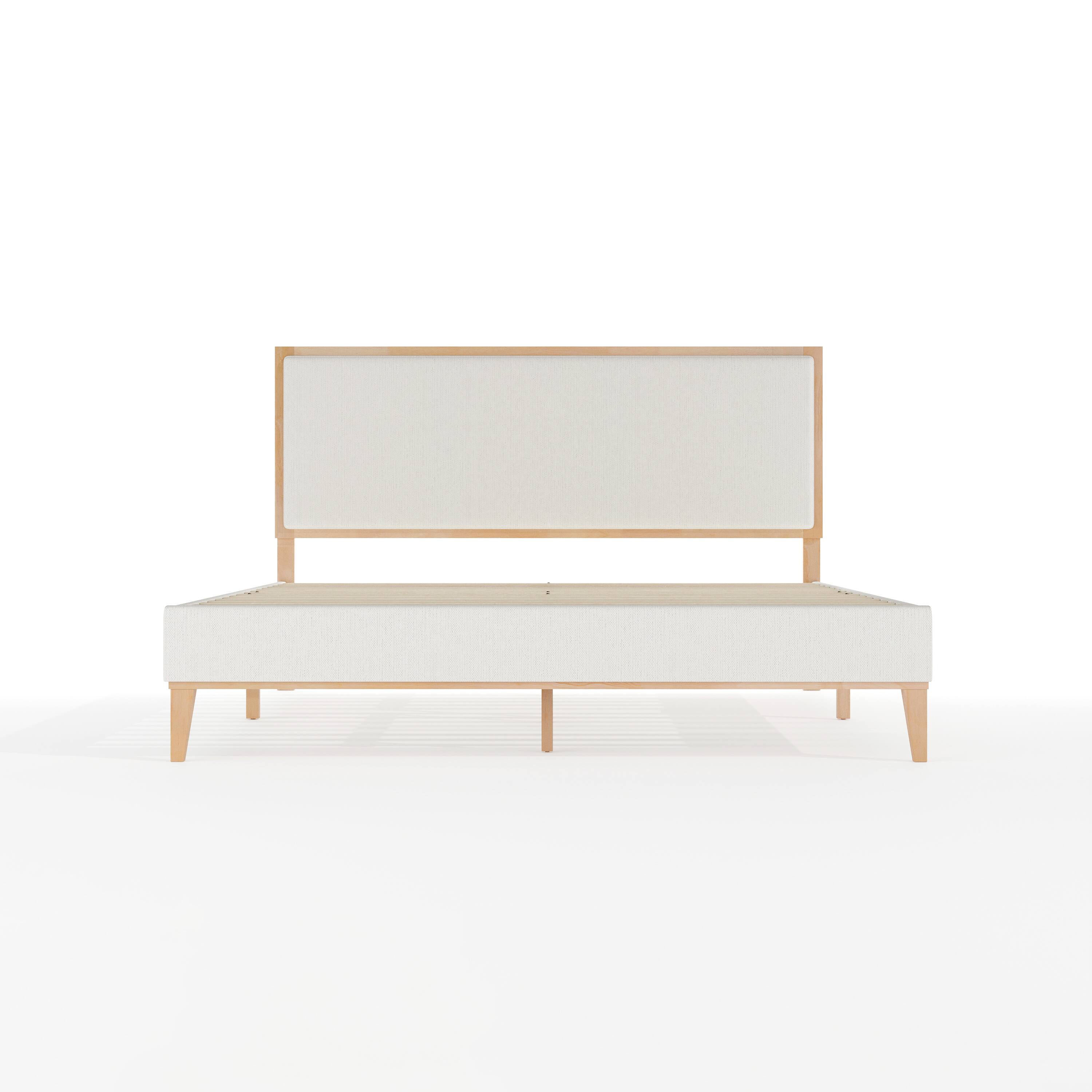 Alt View 9. Martha Stewart - Flynn Solid Wood Platform Bed with Upholstered Base and Inset Headboard, Wood Slat Bottom, No Box Spring Needed - Snow Fabric/Light Beech Frame.