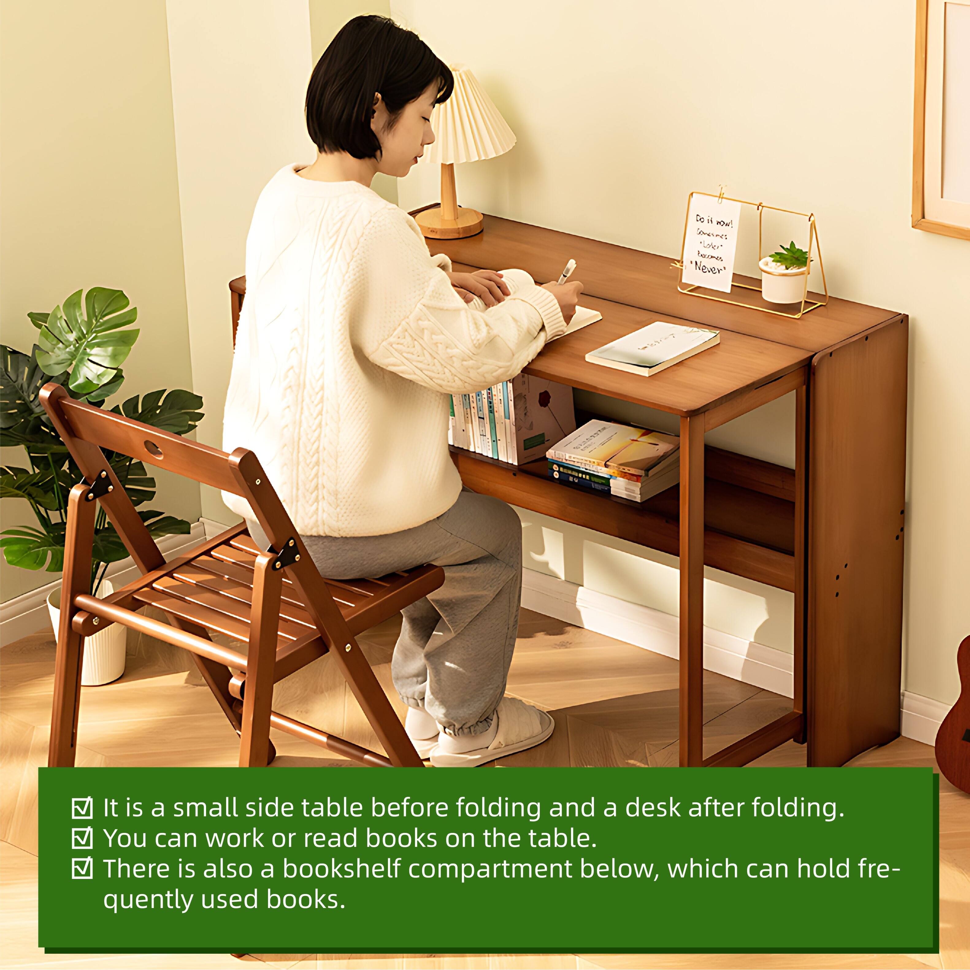 - It is a small side table before folding and a desk after folding.
- You can work or read books on the table.
- There is also a bookshelf compartment below, which can hold frequently used books.