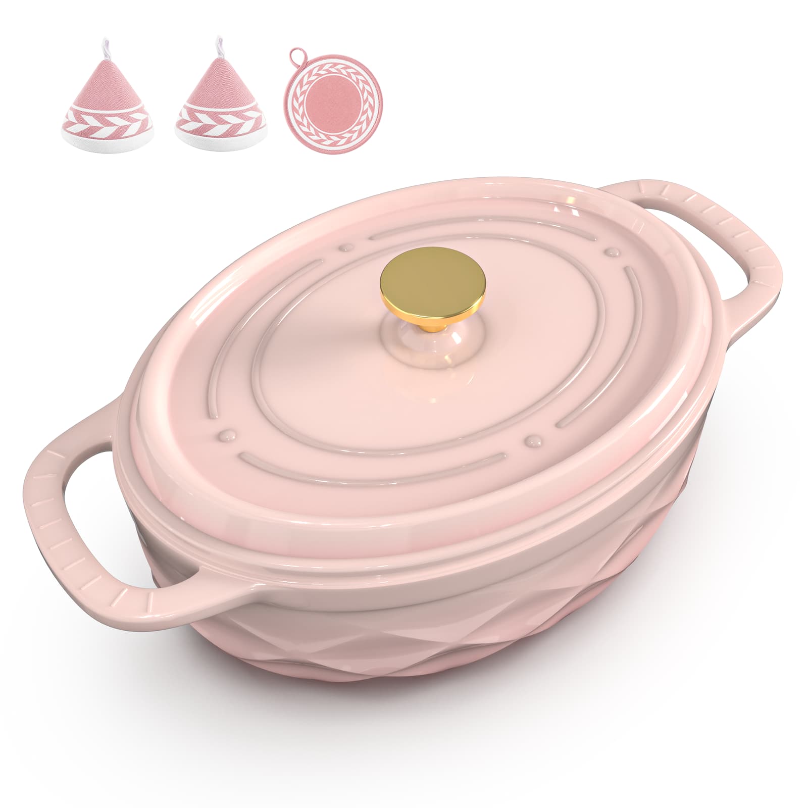 Winado - 7.5 QT Oval Enameled Cast Iron Dutch Oven Pot with Diamond Texture & Self-Basting Lid & Heat Resistant Mitts & Pot Mat - Pink