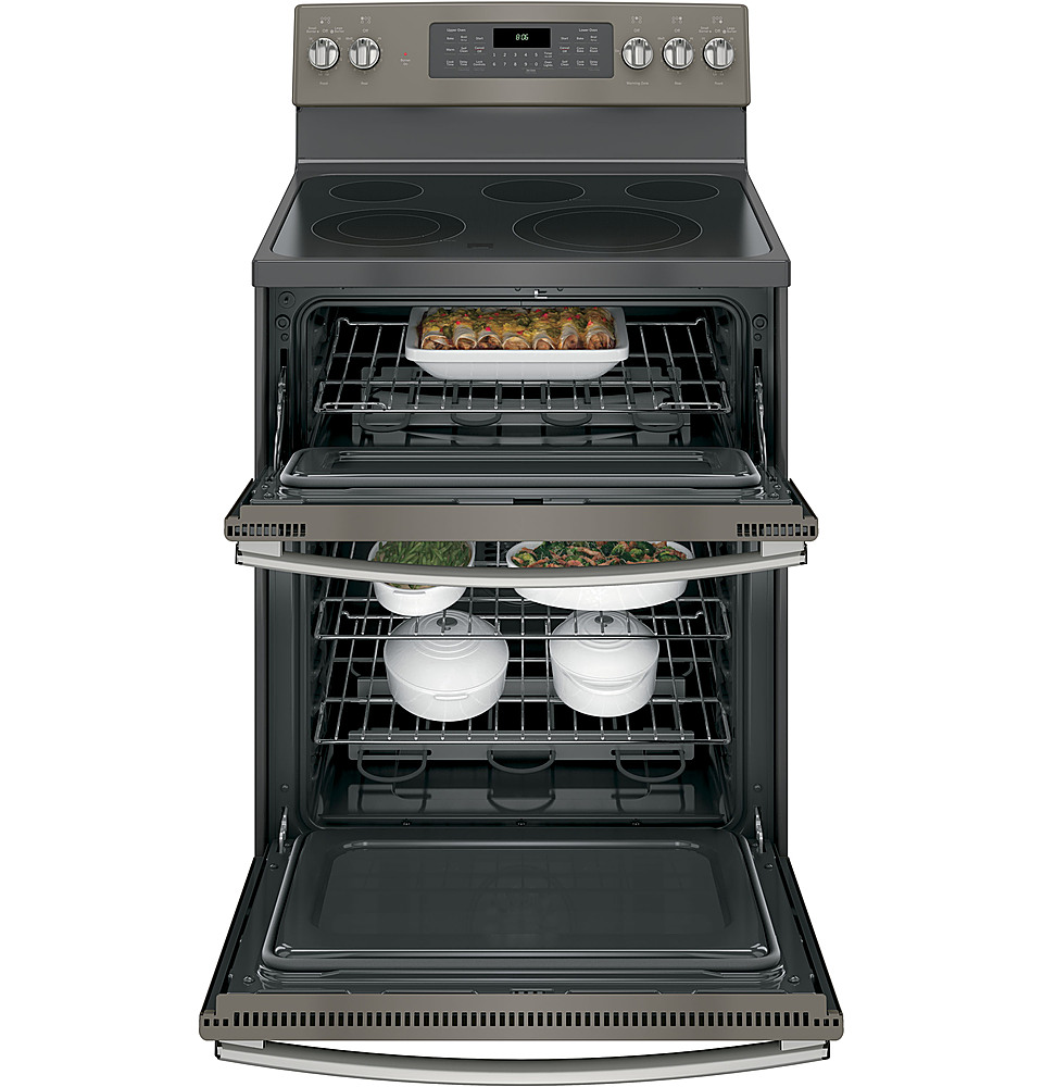 Left View: GE - 6.6 Cu. Ft. Self-Cleaning Freestanding Double Oven Electric Convection Range - Slate