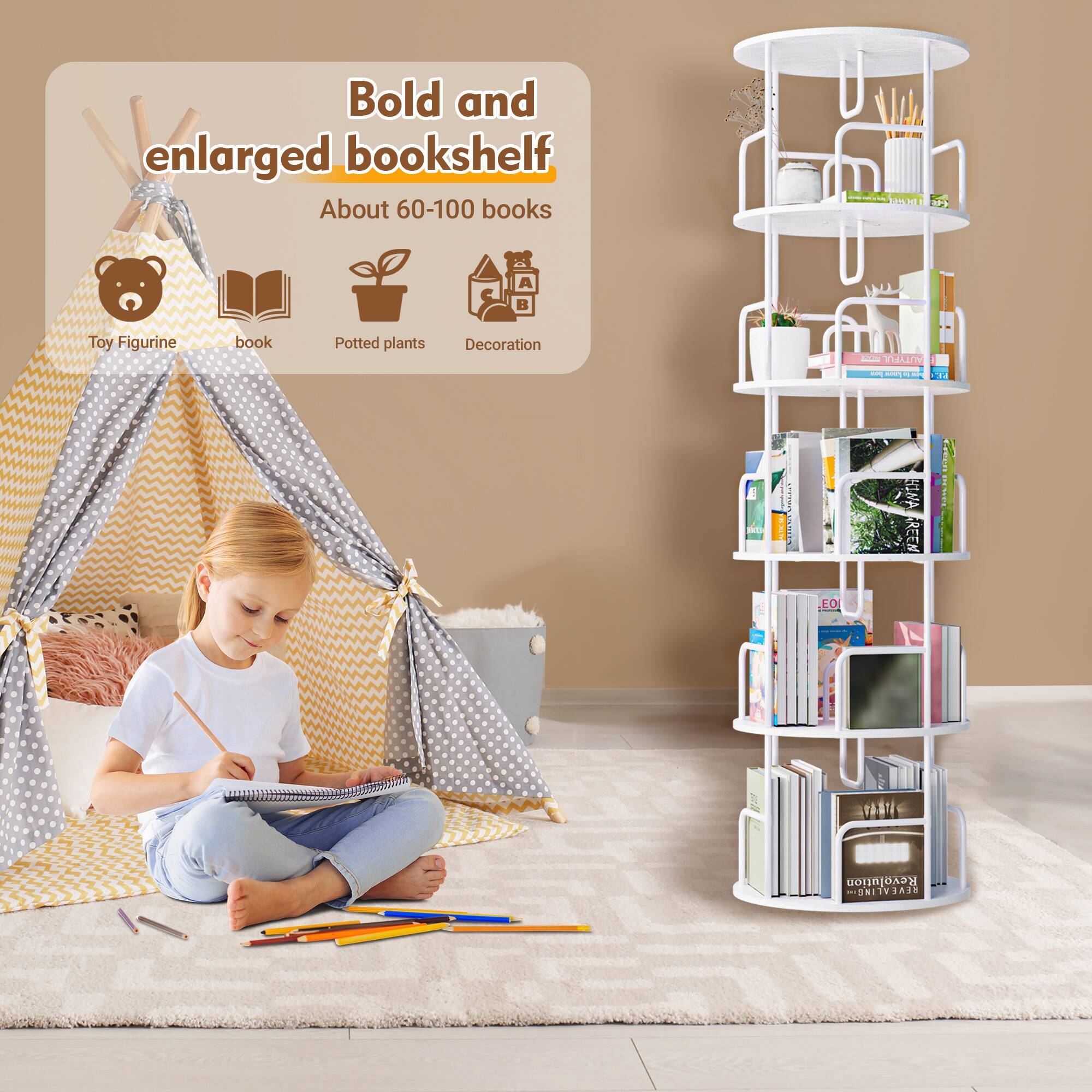 Bold and enlarged bookshelf  
About 60-100 books  
Toy Figurine  
book  
Potted plants  
Decoration