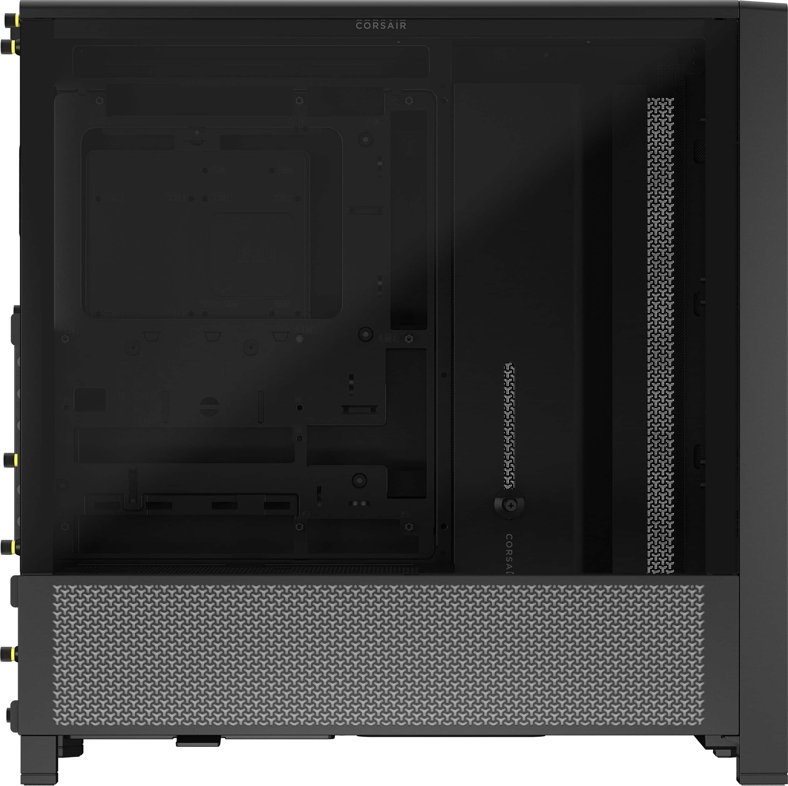 CORSAIR is the name of the company that manufactures computer components, such as the case and motherboard seen in the image.