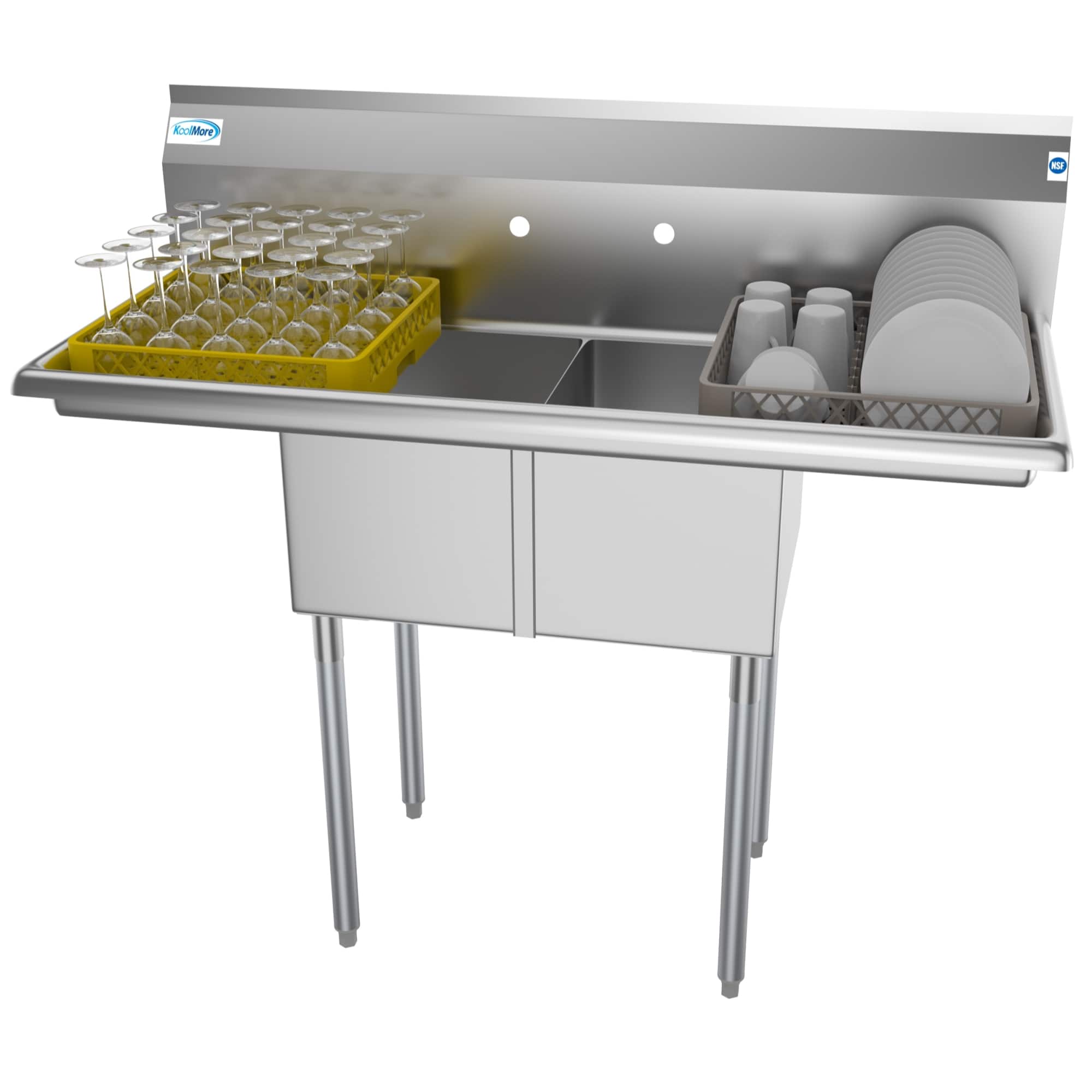 Koolmore- 48 in. Two Compartment Sink with 2 Drainboards, Bowl Size 12"x 16"x 10" SB121610-12B3- Stainless Steel