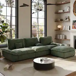 POVISON - 141.73" Green Deep Sofa with Cotton Linen with Ottoman - Green Cotton and Linen