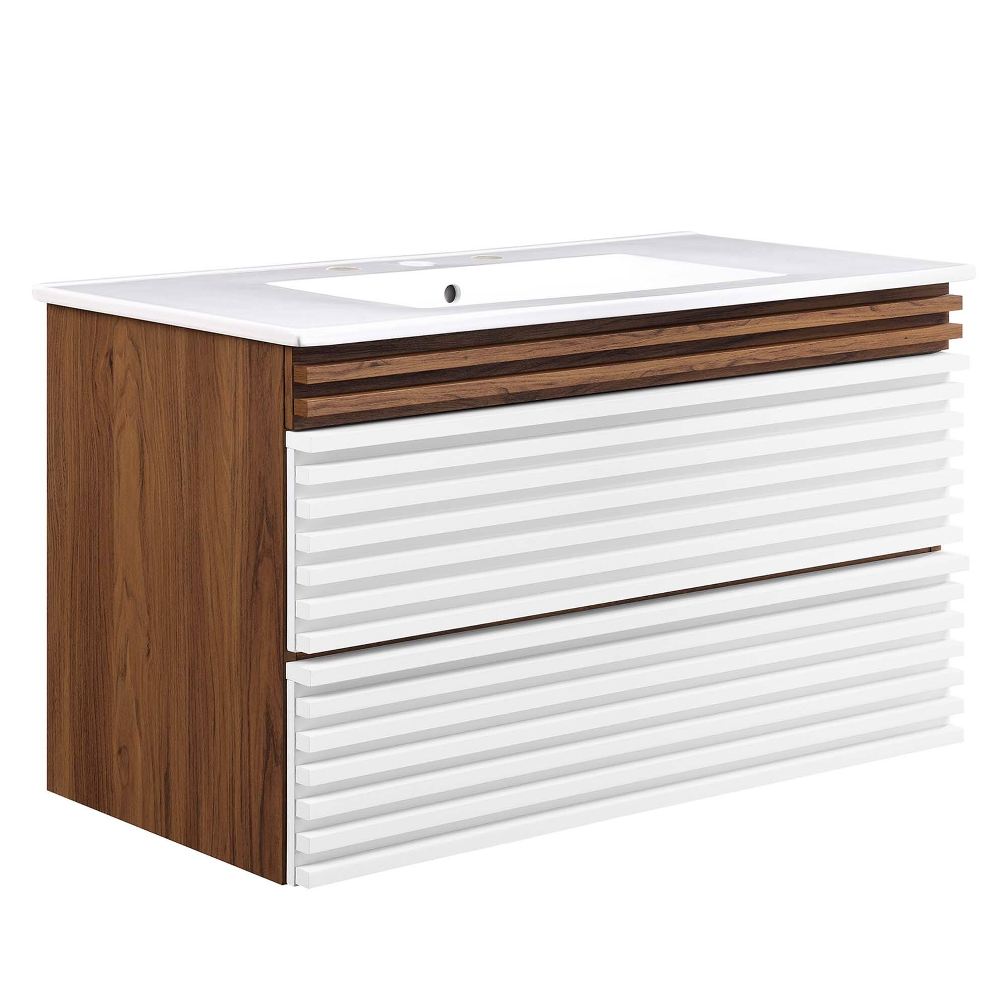 Angle. Modway - Render Wall-Mount Bathroom Vanity with White Basin Included - White Walnut White.