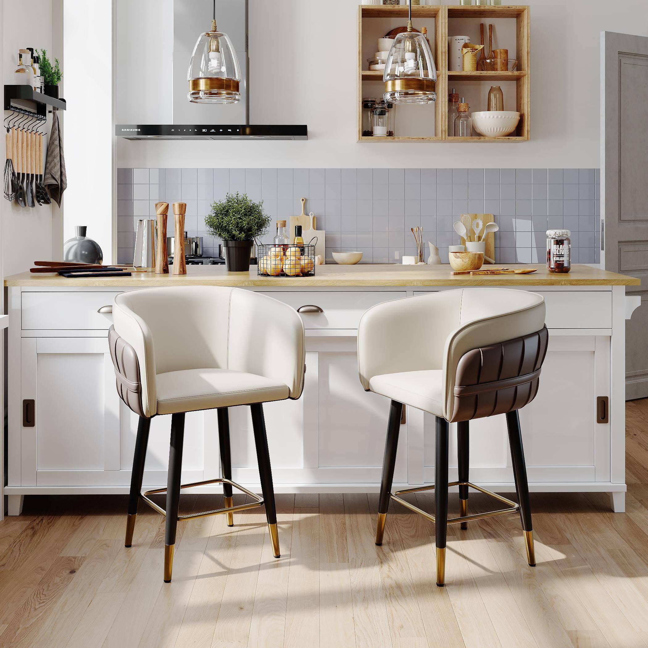 Back. POVISON - 24" Modern Upholstered Counter Height Bar Stools Set of 2, Bar Chairs for Kitchen Island & Counter Table, Brown & Beige - Beige & Brown PU Leather.