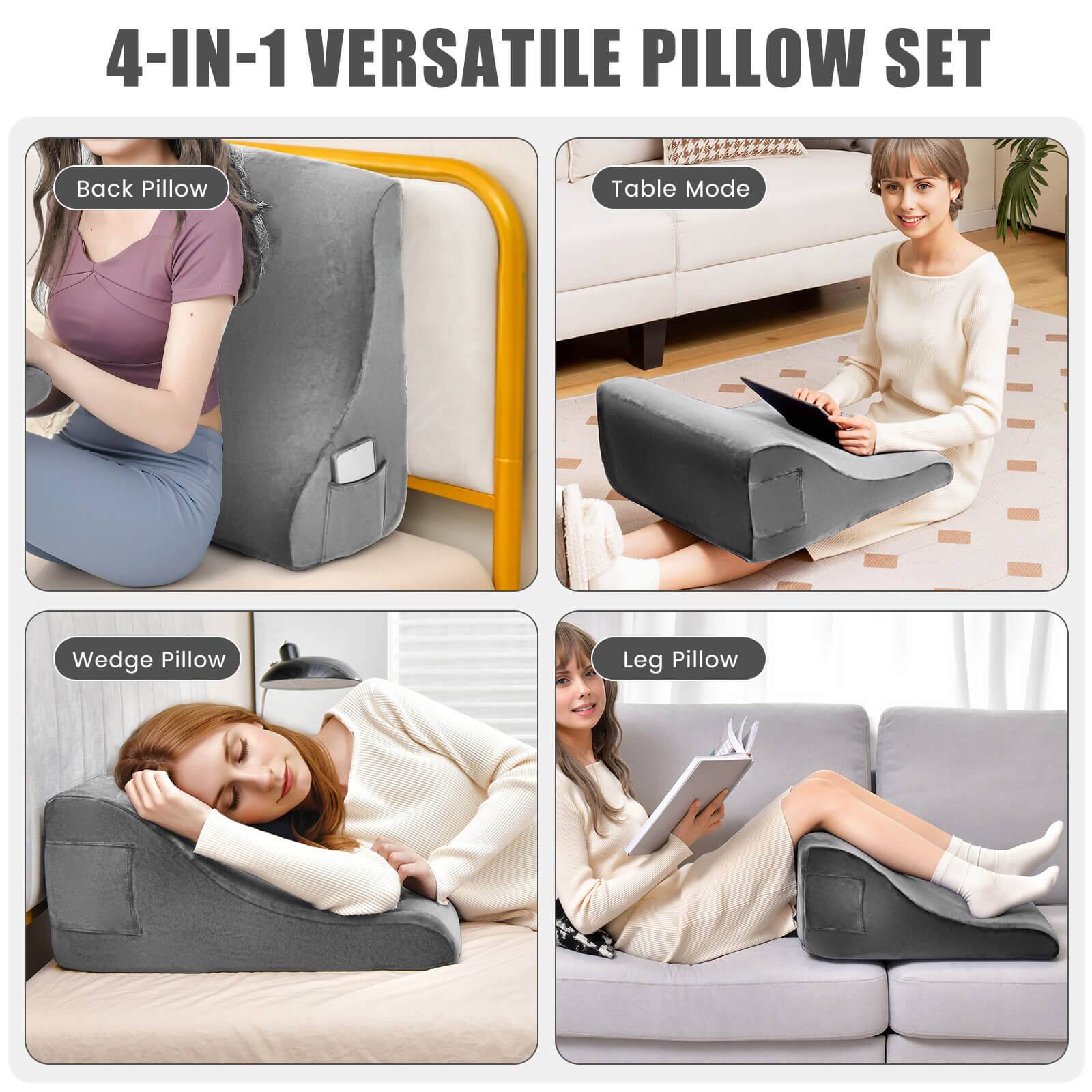 4-IN-1 VERSATILE PILLOW SET

- Back Pillow
- Table Mode
- Wedge Pillow
- Leg Pillow