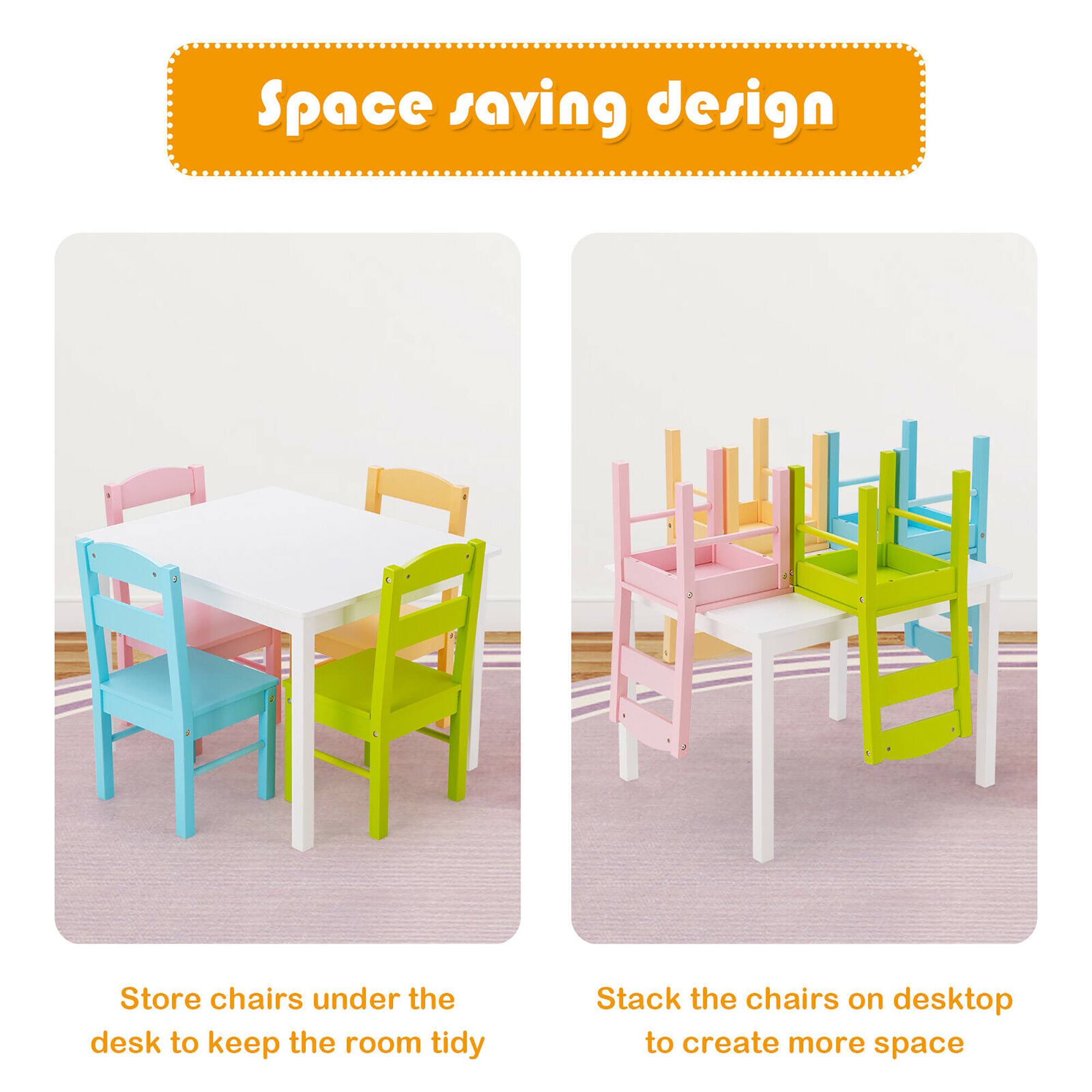 Space saving design

Store chairs under the desk to keep the room tidy

Stack the chairs on desktop to create more space