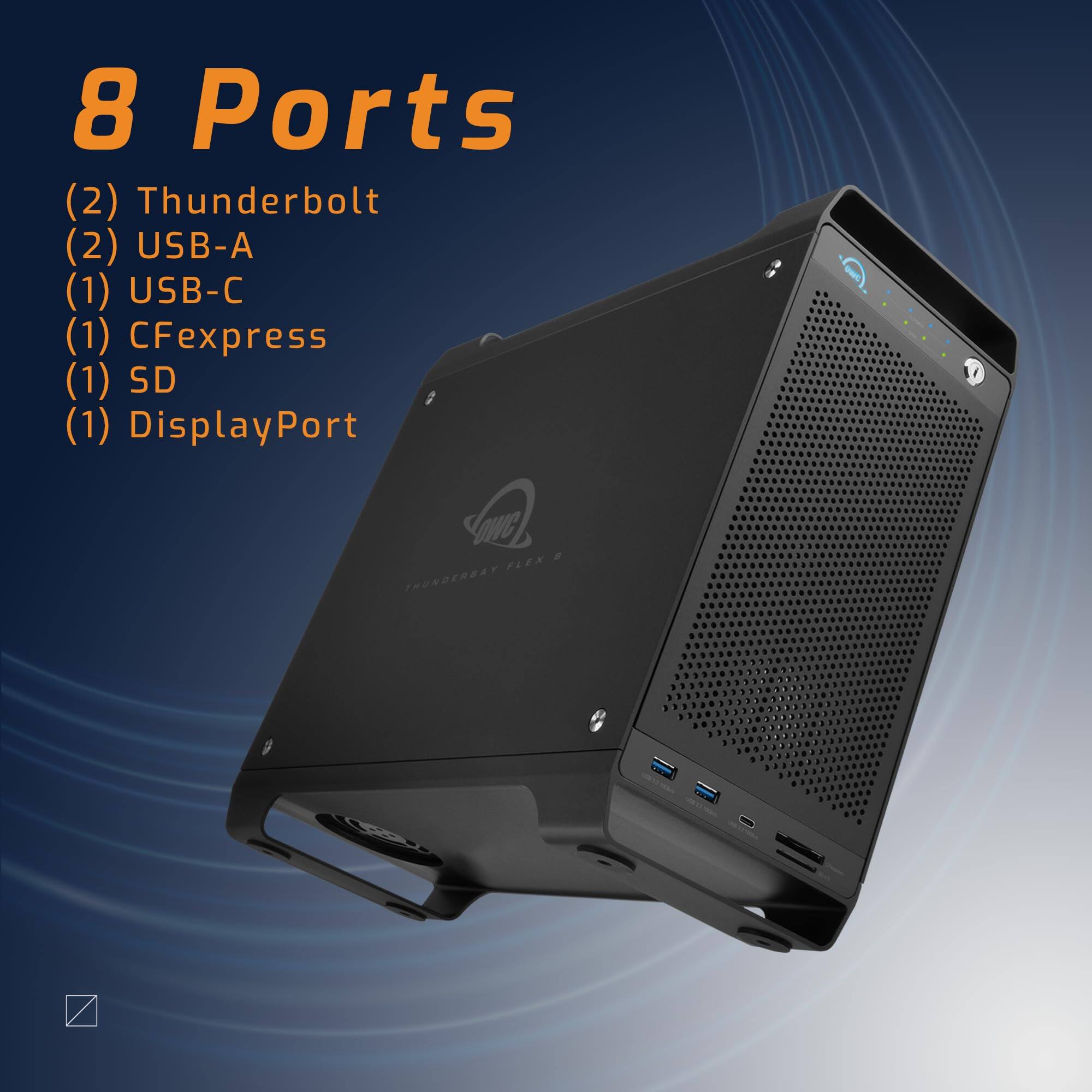 8 Ports  
(2) Thunderbolt  
(2) USB-A  
(1) USB-C  
(1) CFexpress  
(1) SD  
(1) DisplayPort