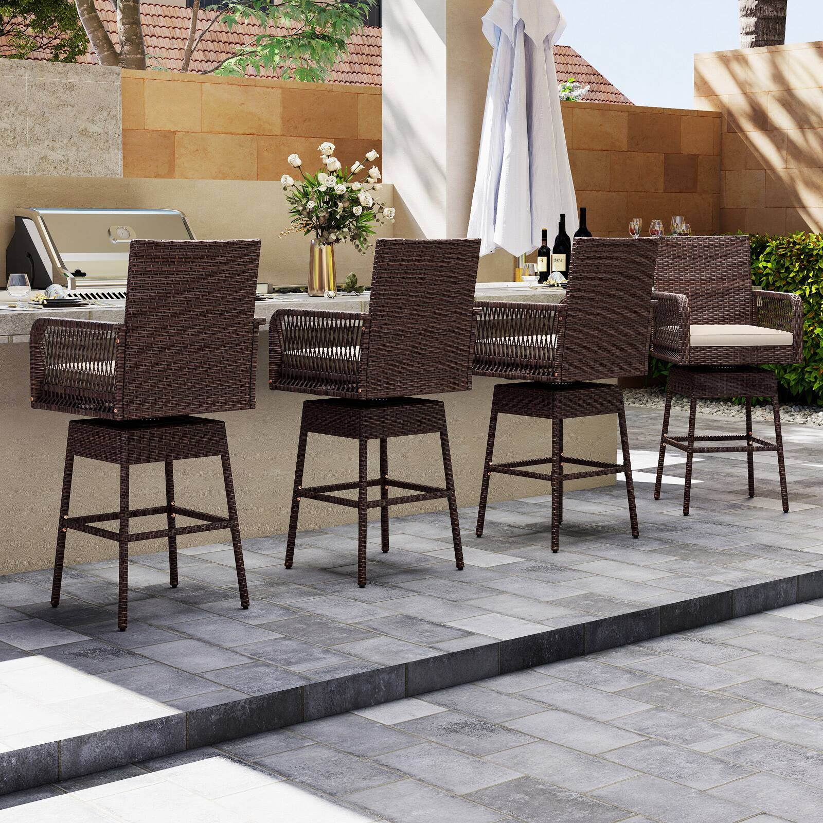 Alt View 4. Costway - Costway 1 PCS 29" Patio 360° Swivel Bar Stool with Cross-Woven Armrests Footrest & Seat Cushion - Brown.