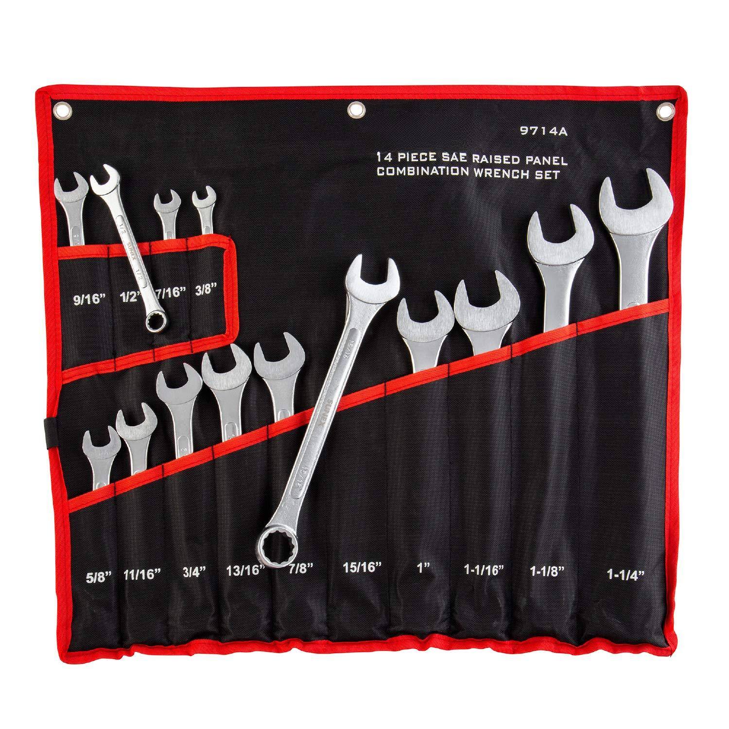 9714A 14 PIECE SAE RAISED PANEL COMBINATION WRENCH SET

5 WRO 1/2" 7/16" 3/8" 9/16" 5/8" 11/16" 3/4" 13/16" 7/8" 15/16" 1" 1-1/16" 1-1/8" 1-1/4"