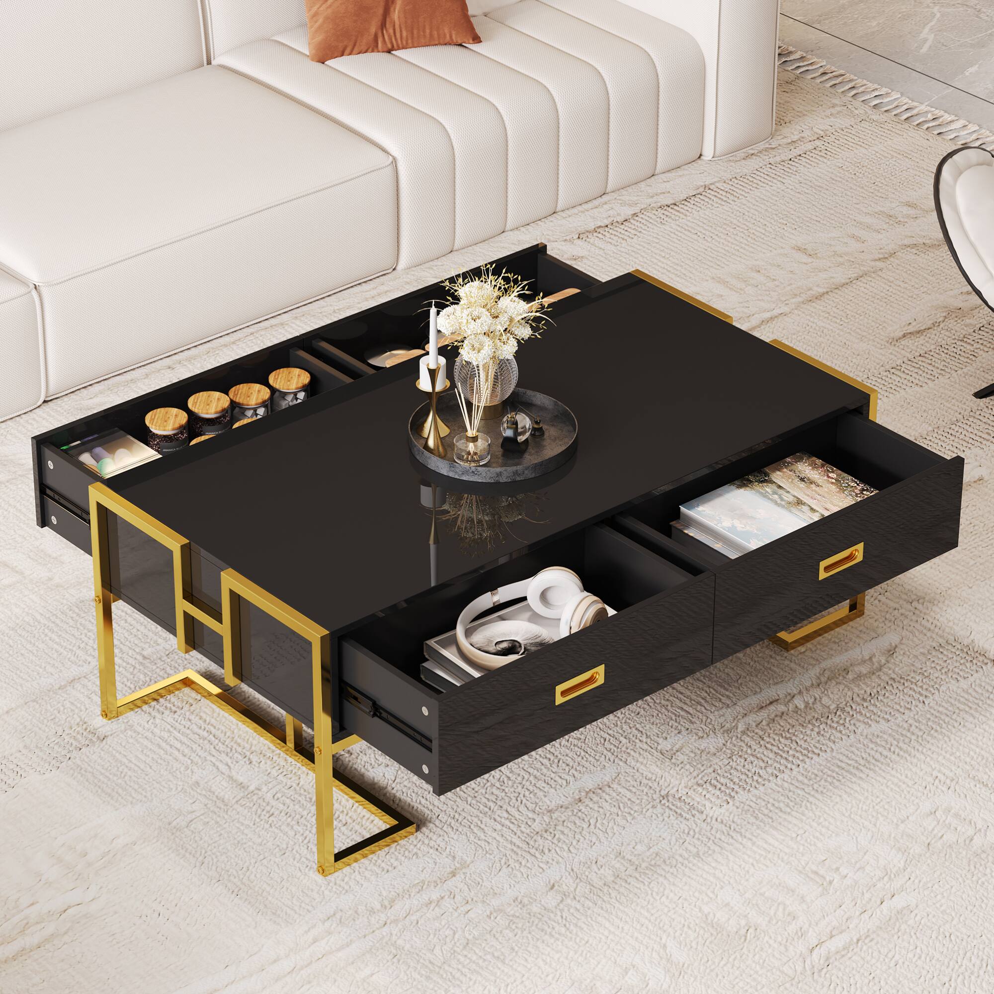 Left. GOODSILO - Modern Rectangular Coffee Table with Drawers and Metallic Base - Black+Gold.