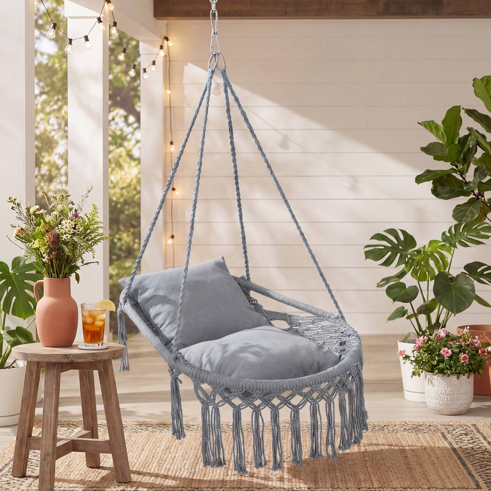 Alt View 3. Costway - Costway Macrame Swing Chair with 2 Removable Cushions, Enduring Polyester Cotton Ropes - Gray.