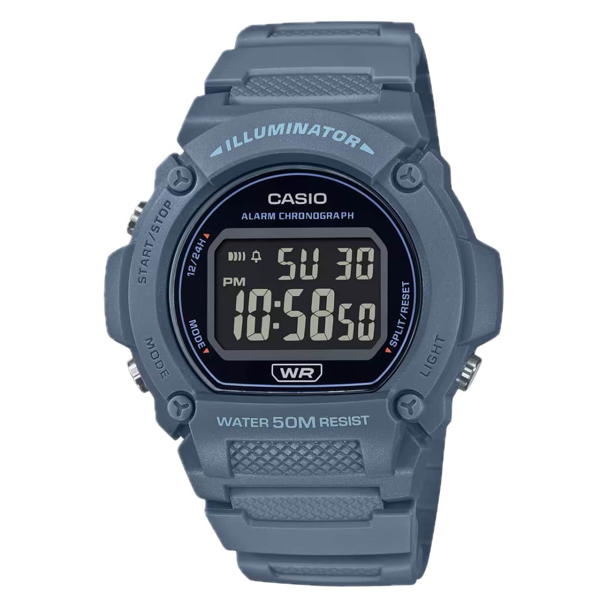 ILLUMINATOR  
CASIO  
ALARM CHRONOGRAPH  
12/24H  
PM  
10:58:50  
SPLIT/RESET  
WR  
WATER 50M RESIST