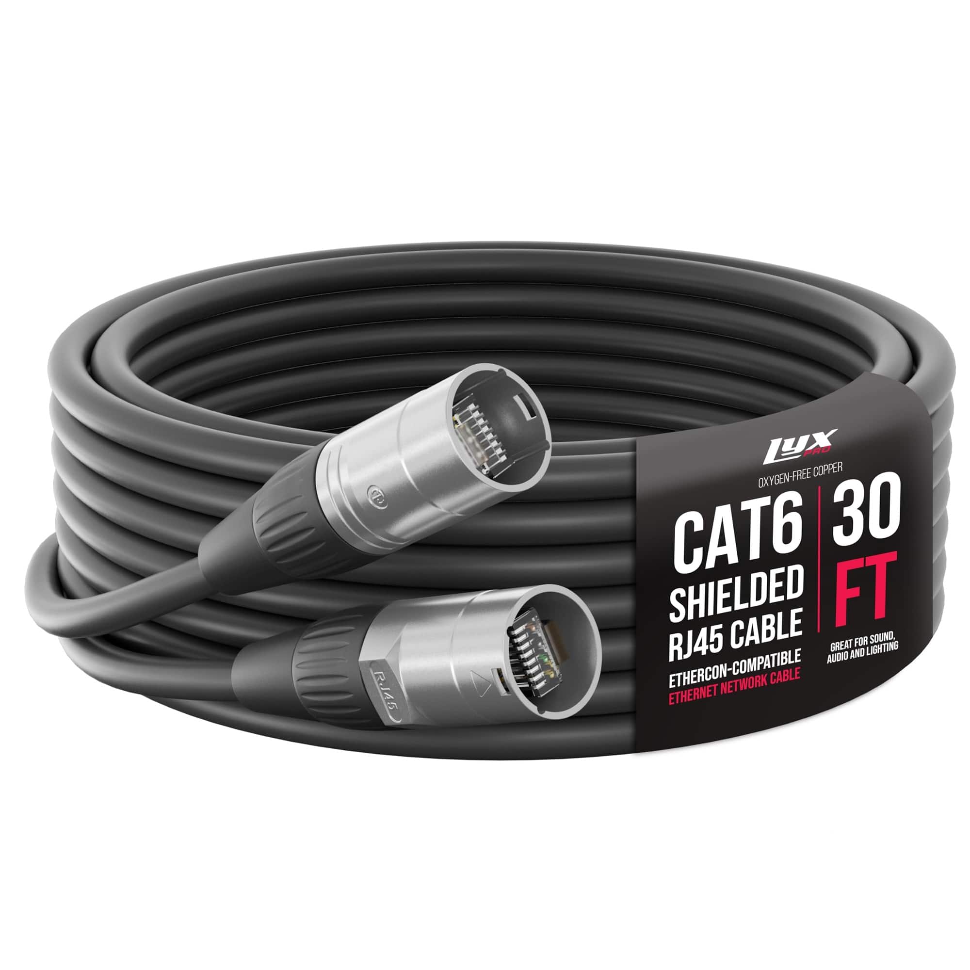 Lyxpro - 30 Feet Shielded CAT6 Ethercon Cable, Male to Male, Pro Audio & Lighting RJ45 Cable - Black