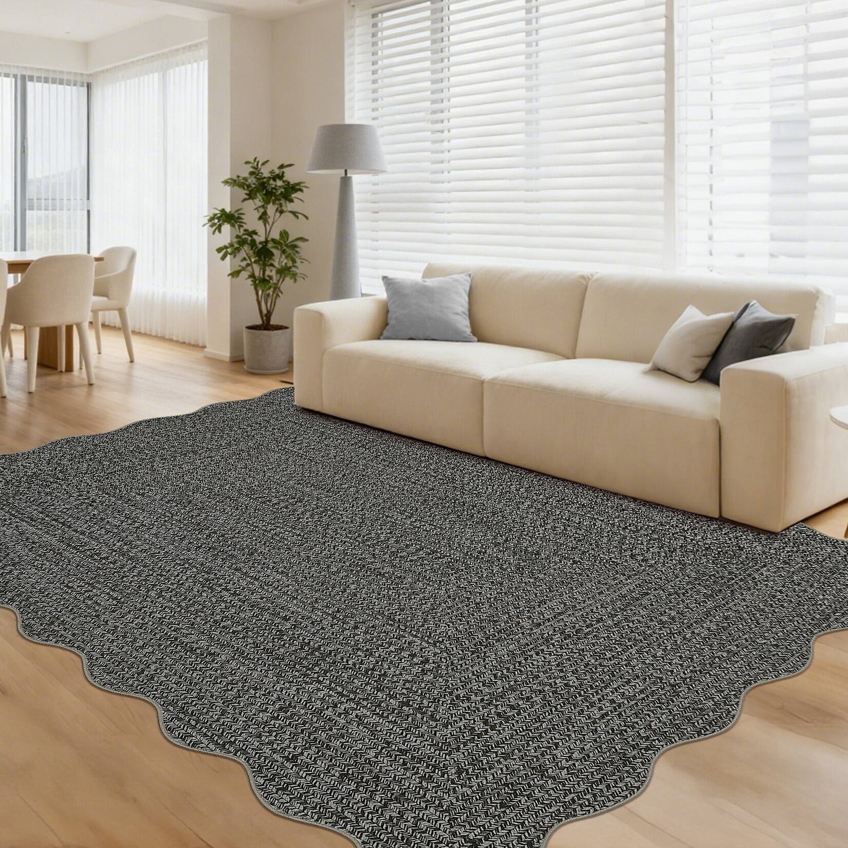 Front. GARVEE - Modern Textured Scalloped BorderArea Rug Braided Print Pattern Low Pile Washable Non Slip Rug for Dining Bedroom - Grey Brown.