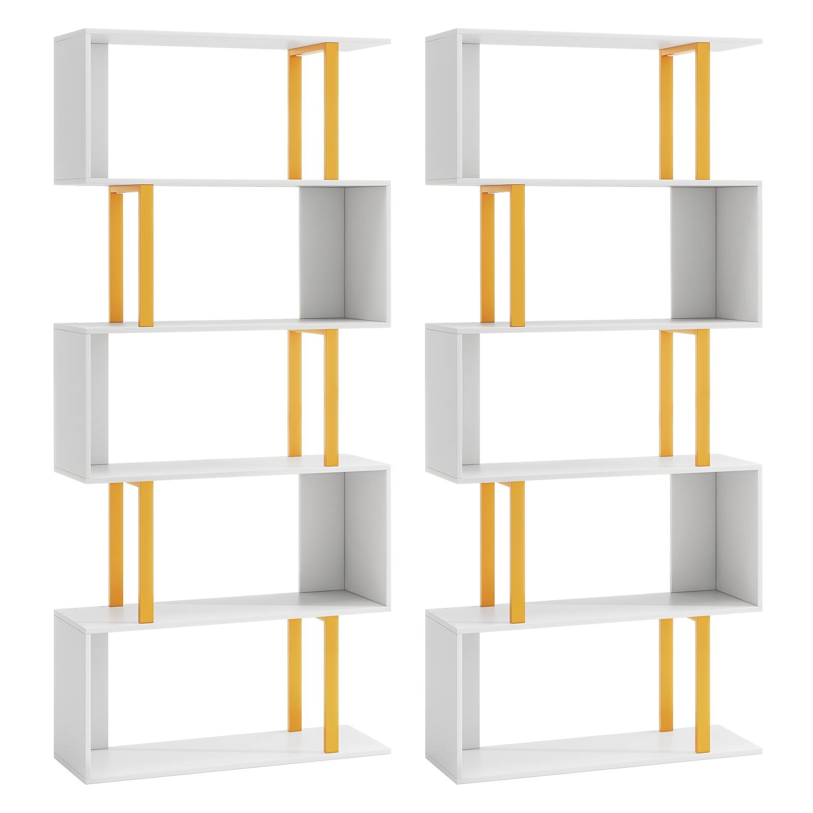 Alt View 9. Gymax - Gymax 2 PCS 5-Tier Geometric Bookcase 62-Inch S-Shaped Bookshelf w/ Metal Frame Gold - White, Gold.