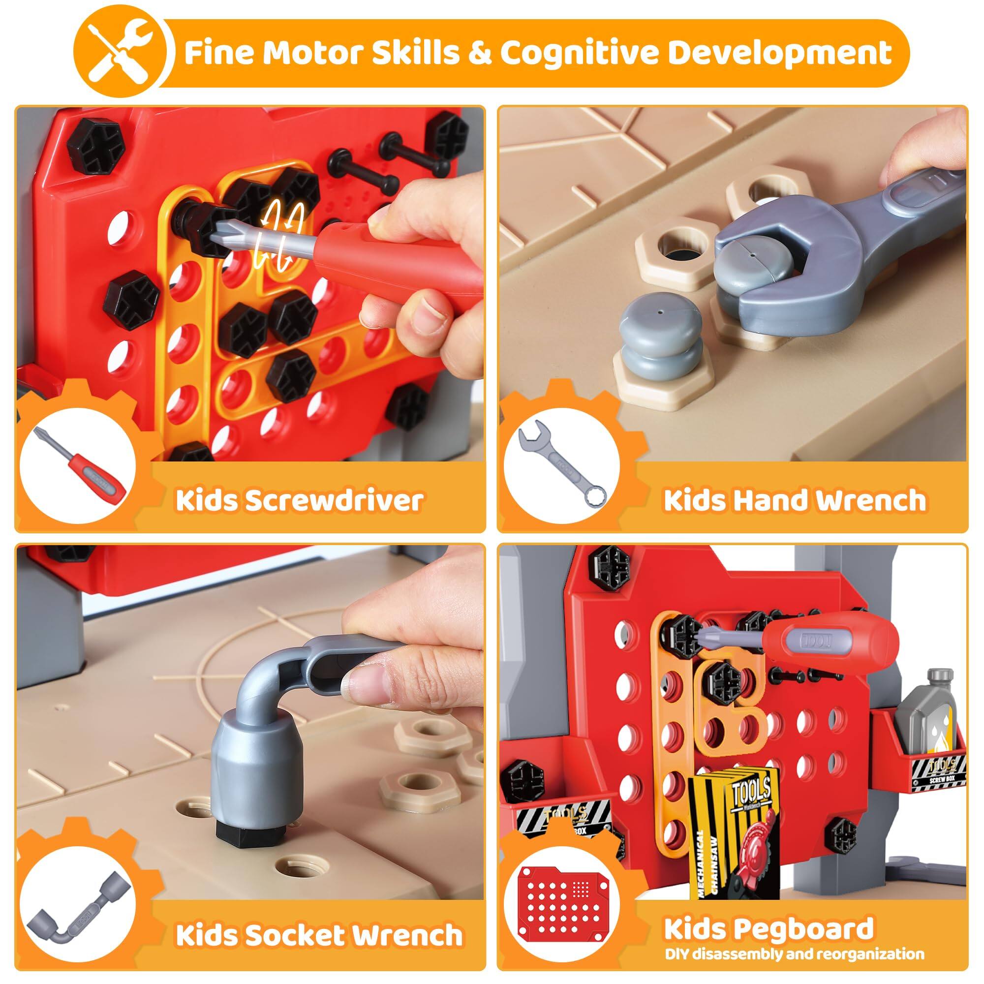 Fine Motor Skills & Cognitive Development

Kids Screwdriver

Kids Hand Wrench

Kids Socket Wrench

Kids Pegboard
DIY disassembly and reorganization