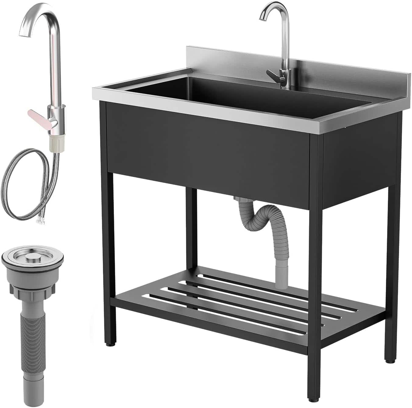 Winado - Heavy Duty Large Capacity Freestanding Utility Sink with Faucet & Adjustable Levelers for Kitchen, Garage, Laundry Room - Black/Silver