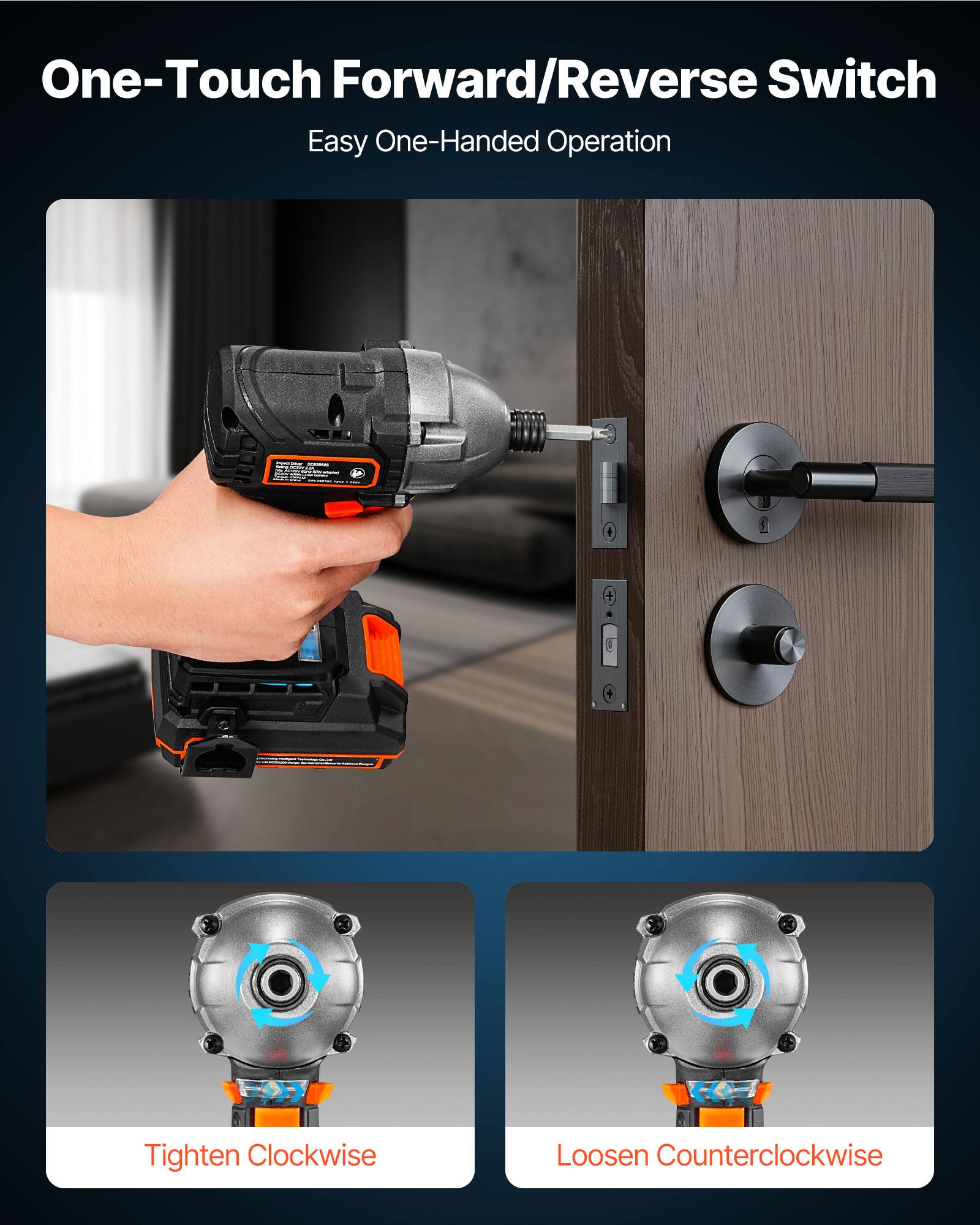 One-Touch Forward/Reverse Switch  
Easy One-Handed Operation  

Tighten Clockwise  
Loosen Counterclockwise