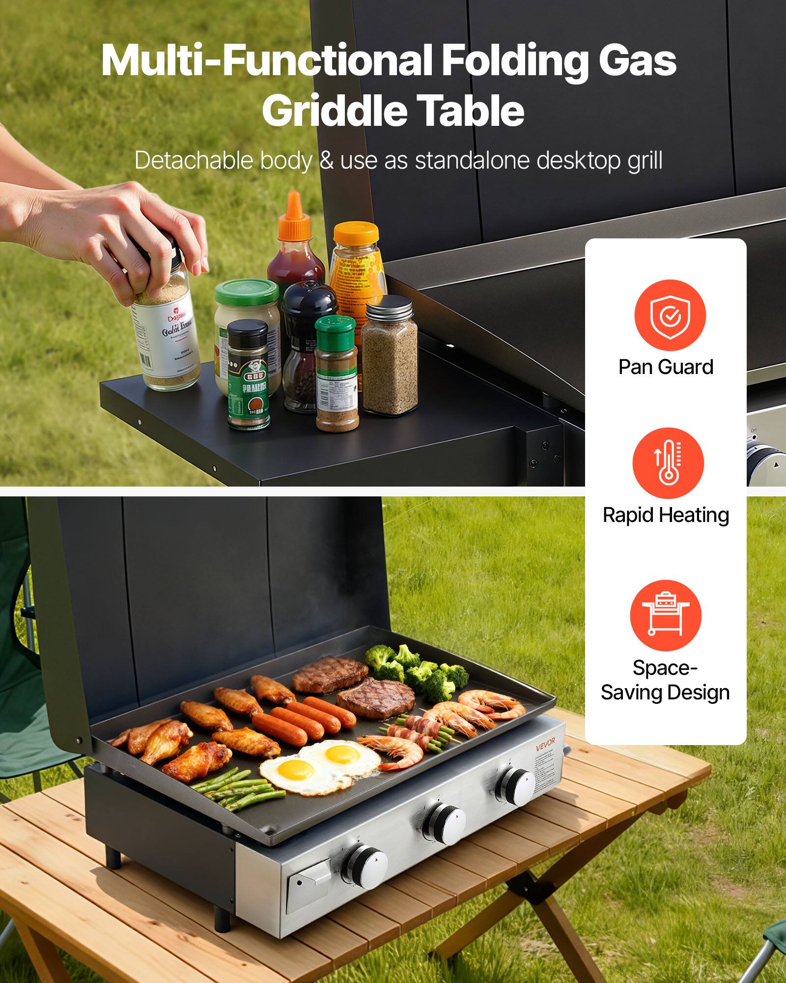 Multi-Functional Folding Gas Griddle Table  
Detachable body & use as standalone desktop grill  

- Pan Guard  
- Rapid Heating  
- Space-Saving Design