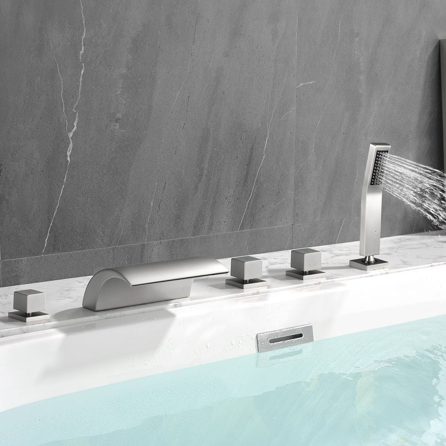 Alt View 7. Boyel Living - Brushed Nickel Cold and Hot Water Five Hole Installation Waterfall Bath Tub Faucet with Handheld Shower - Brushed Nickel.
