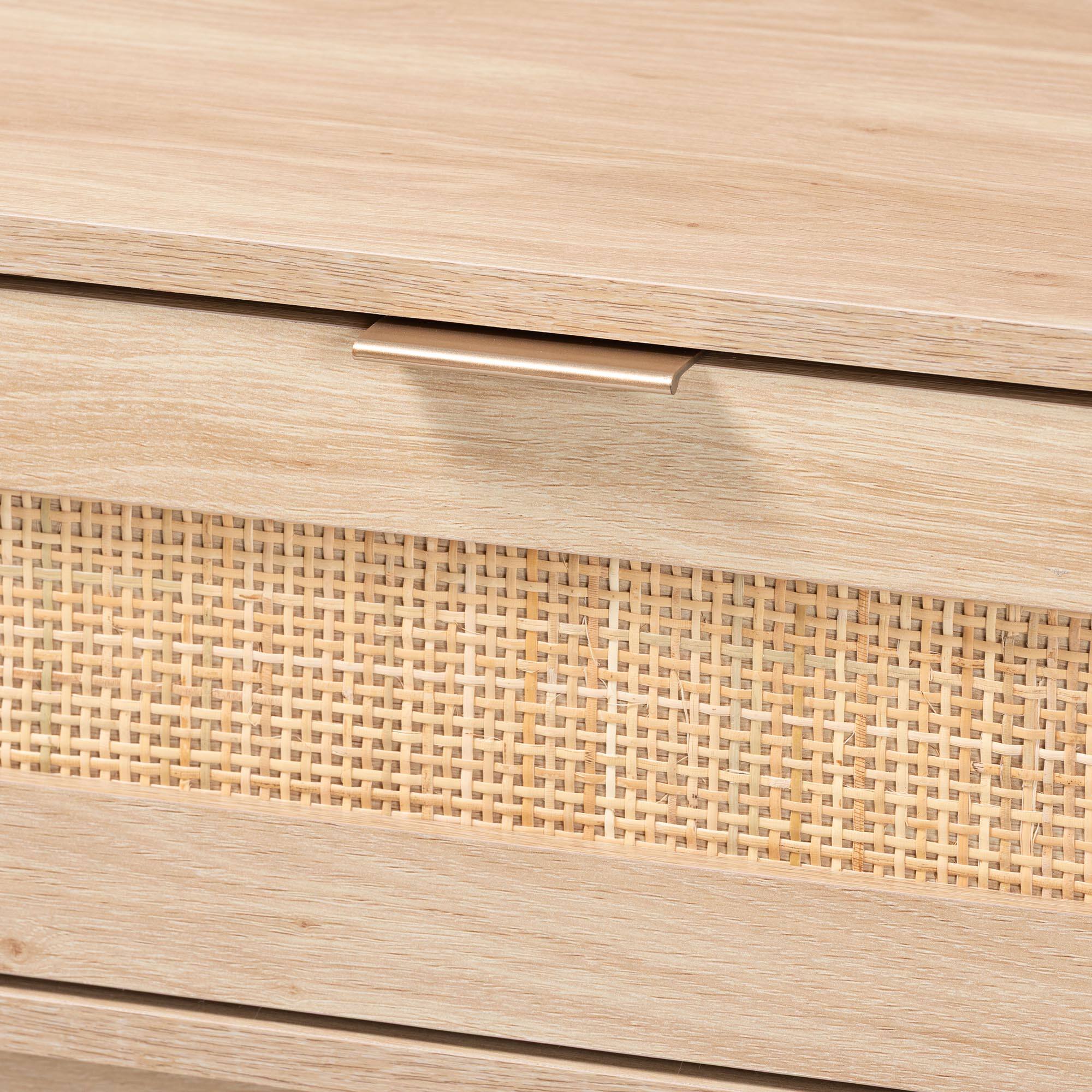 Alt View 1. Baxton Studio - Baird Mid-Century Modern Light Finished Wood and Rattan 2-Drawer Console Table - Oak Brown.