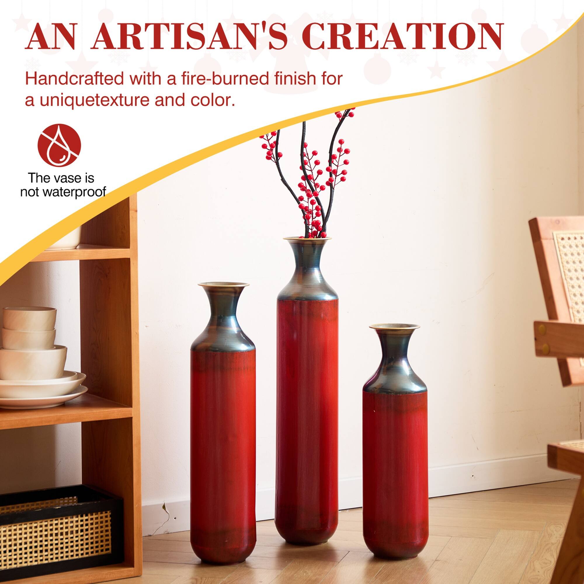 AN ARTISAN'S CREATION  
Handcrafted with a fire-burned finish for a unique texture and color.  
The vase is not waterproof