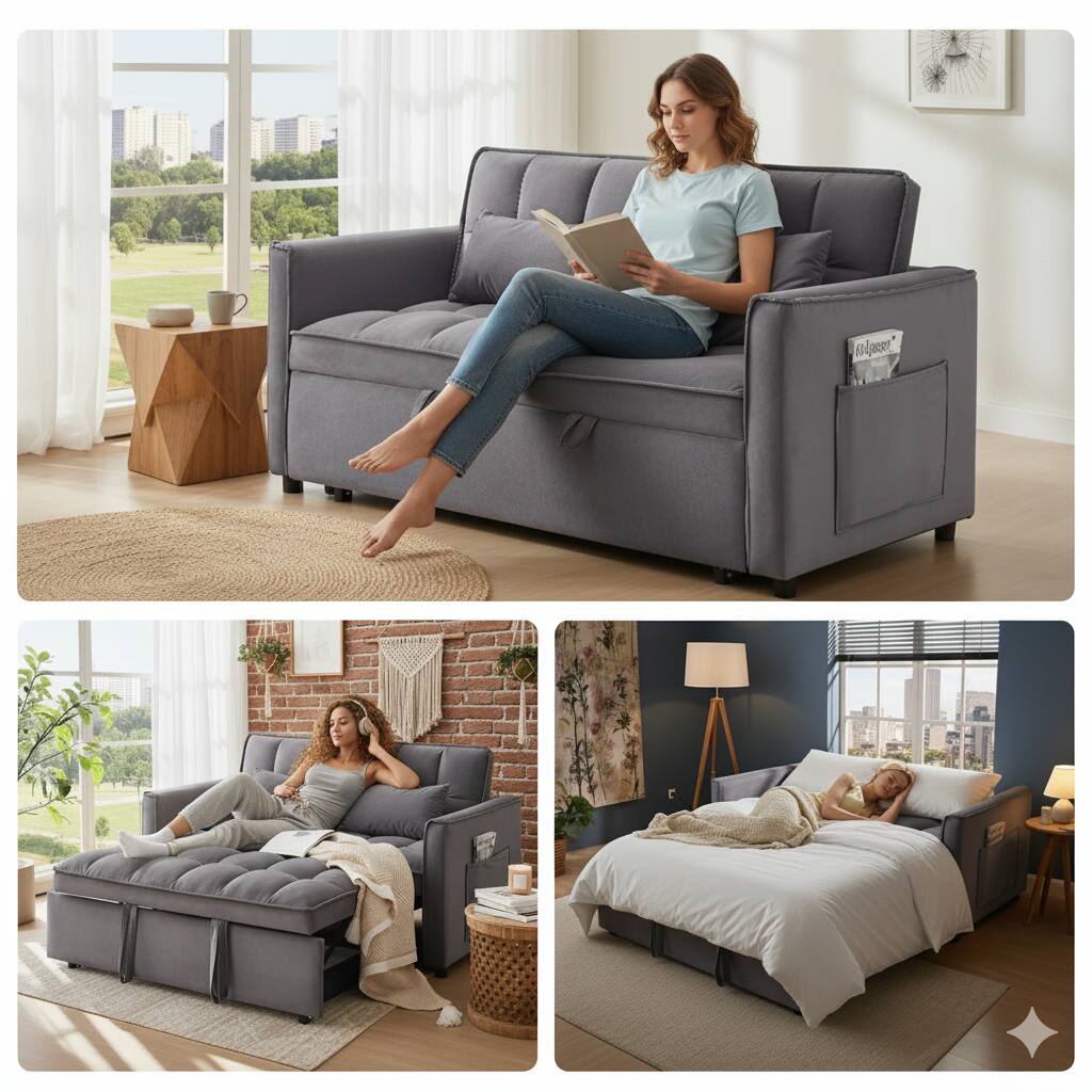 Tiramisubest - 3 in 1 Sleeper Sofa Bed, 55" Convertible Pull Out Couch with Adjustable Backrest for Living Room, Bedroom  (Dark Gray) - Dark Gray