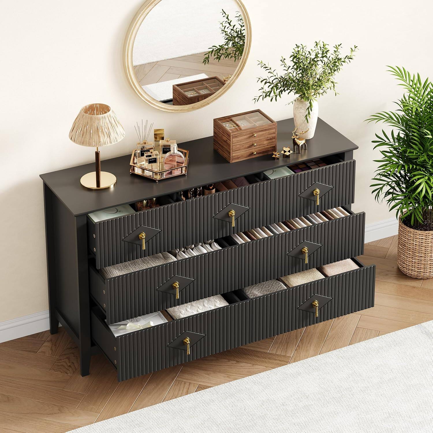 Alt View 2. Qeetex - Modern Dresser for Bedroom, 54" Wide 7-Drawer Chest, Wood Storage Dresser with Fluted Design, TV Stand and Organizer - Black.