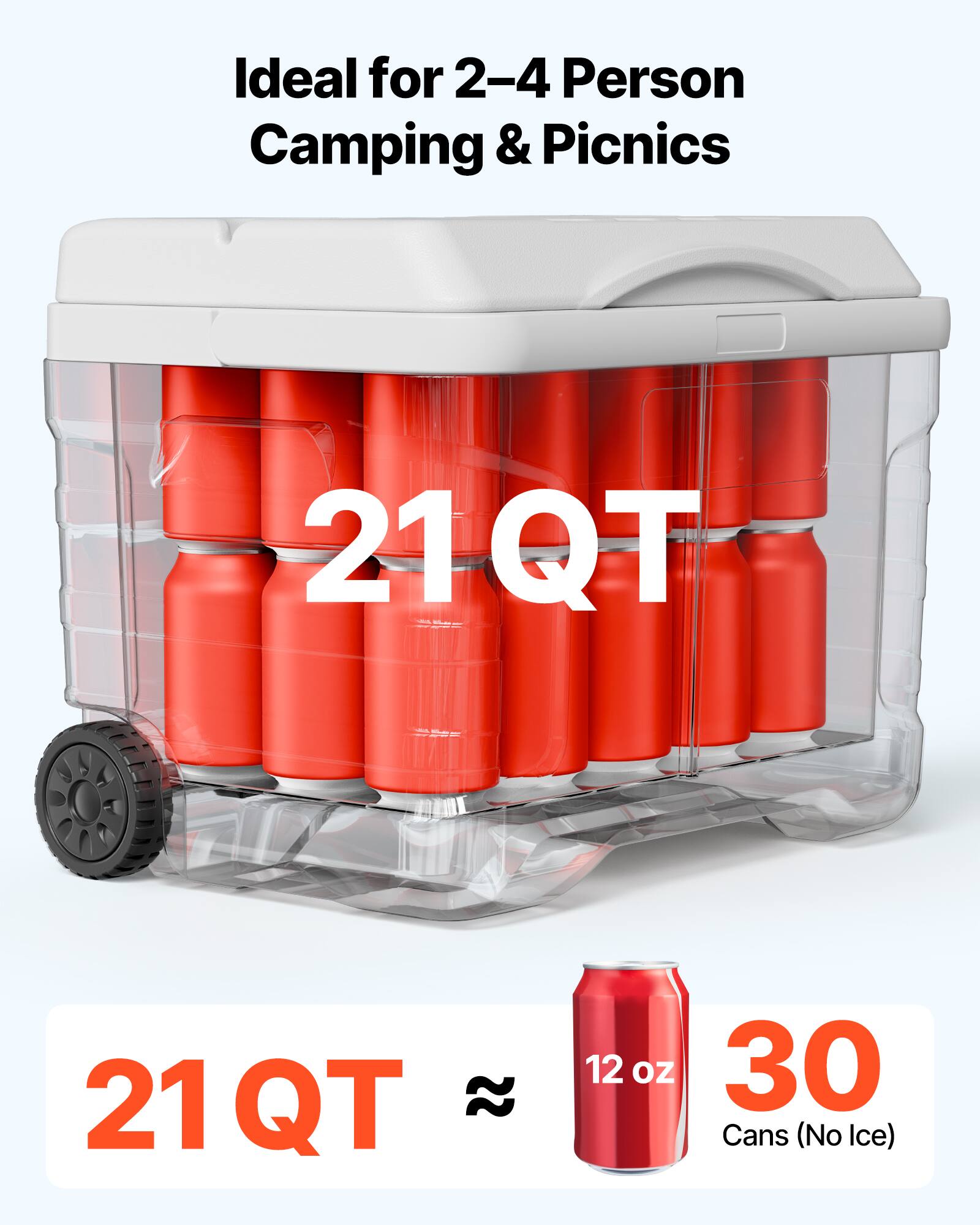 Ideal for 2-4 Person Camping & Picnics  
21 QT  
12 oz  
30 Cans (No Ice)