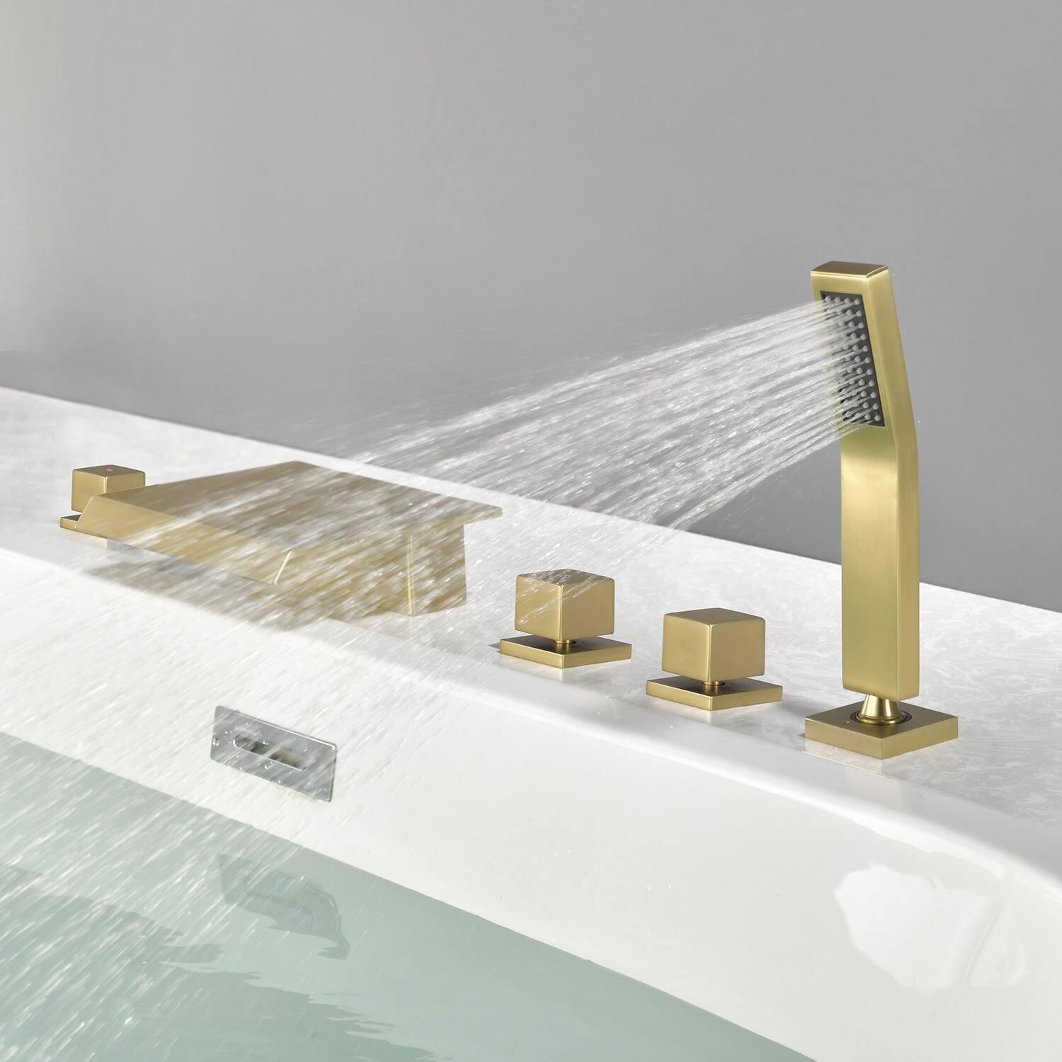 Alt View 3. Boyel Living - Brushed Gold Waterfall Bath Tub Faucet with Handheld Shower SUS304 Hot Cold Control 5 Hole Installation High Flow Rate - Brushed Gold.
