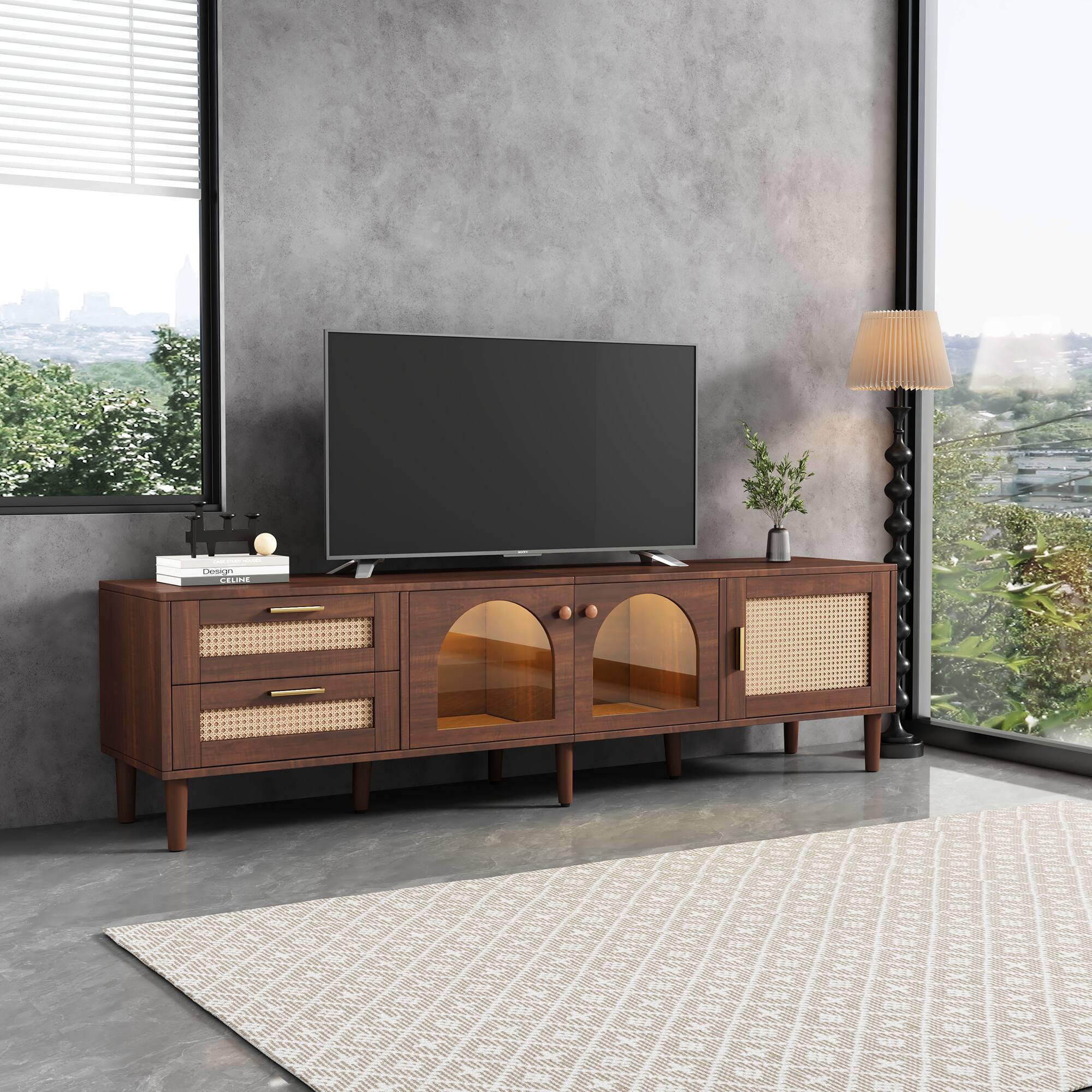 Angle. Dexmalle - Dexmalle-Farmhouse TV Stand for 80 Inch TVs LED Light Entertainment Center with 2 Drawers and 3 Cabinets-Walnut - Brown.