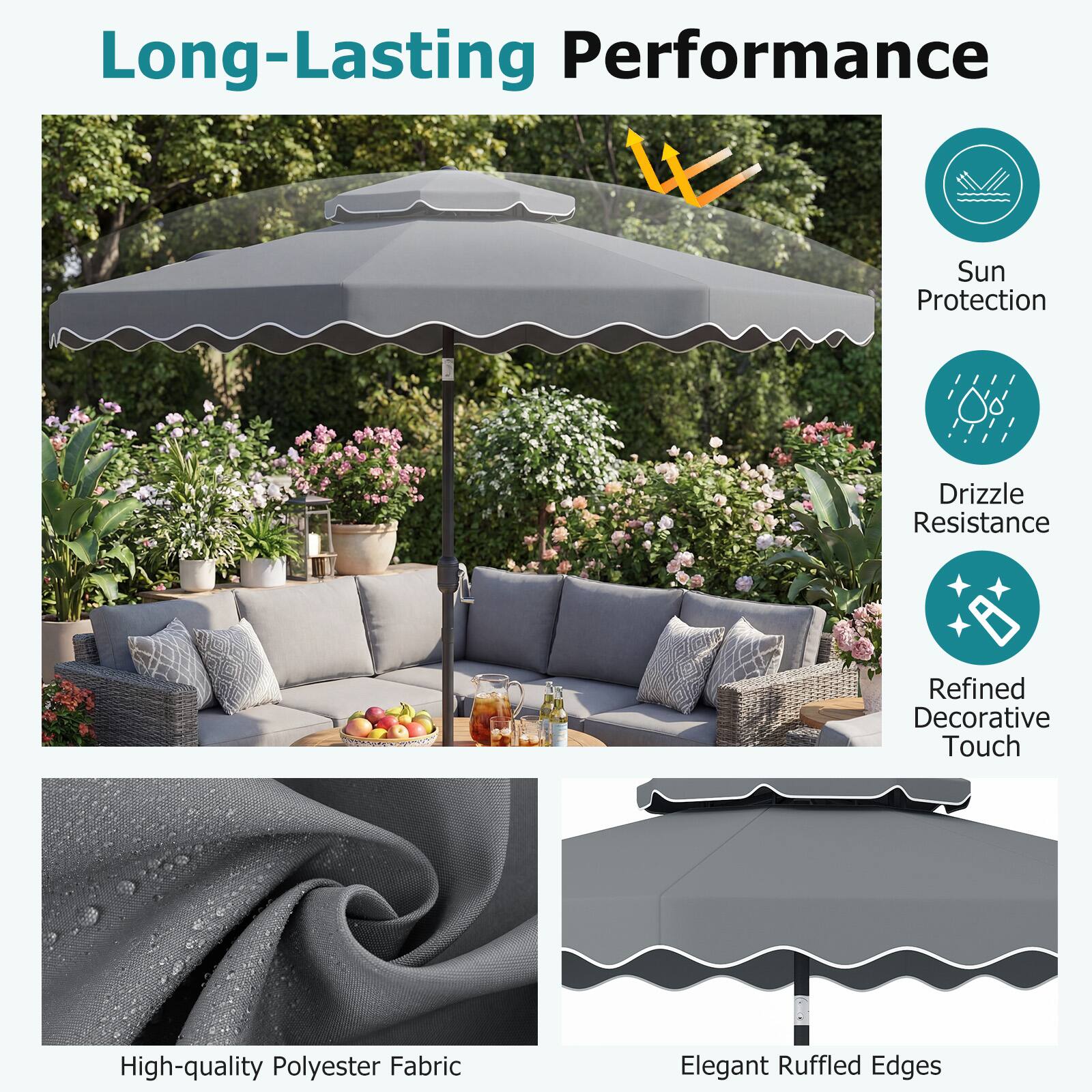Long-Lasting Performance  
Sun Protection  
Drizzle Resistance  
Refined Decorative Touch  
High-quality Polyester Fabric  
Elegant Ruffled Edges