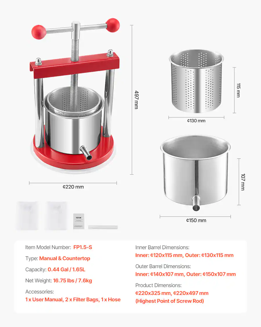 VEVOR 0.44 Gal/1.65L Fruit Wine Press,2 Stainless Steel Barrels,Manual ...