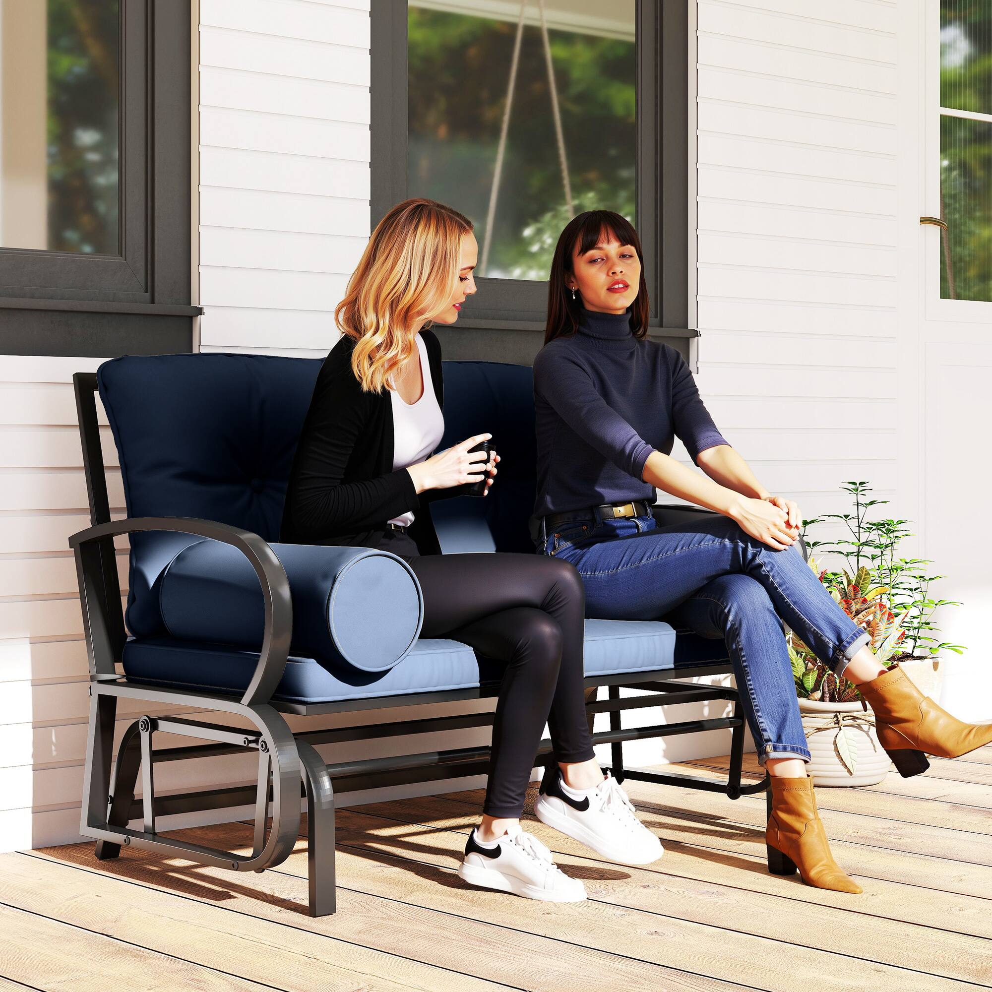Alt View 1. Outsunny - Outdoor Rocking Loveseat, Patio Glider Bench, Cushions, Pillows - Blue.