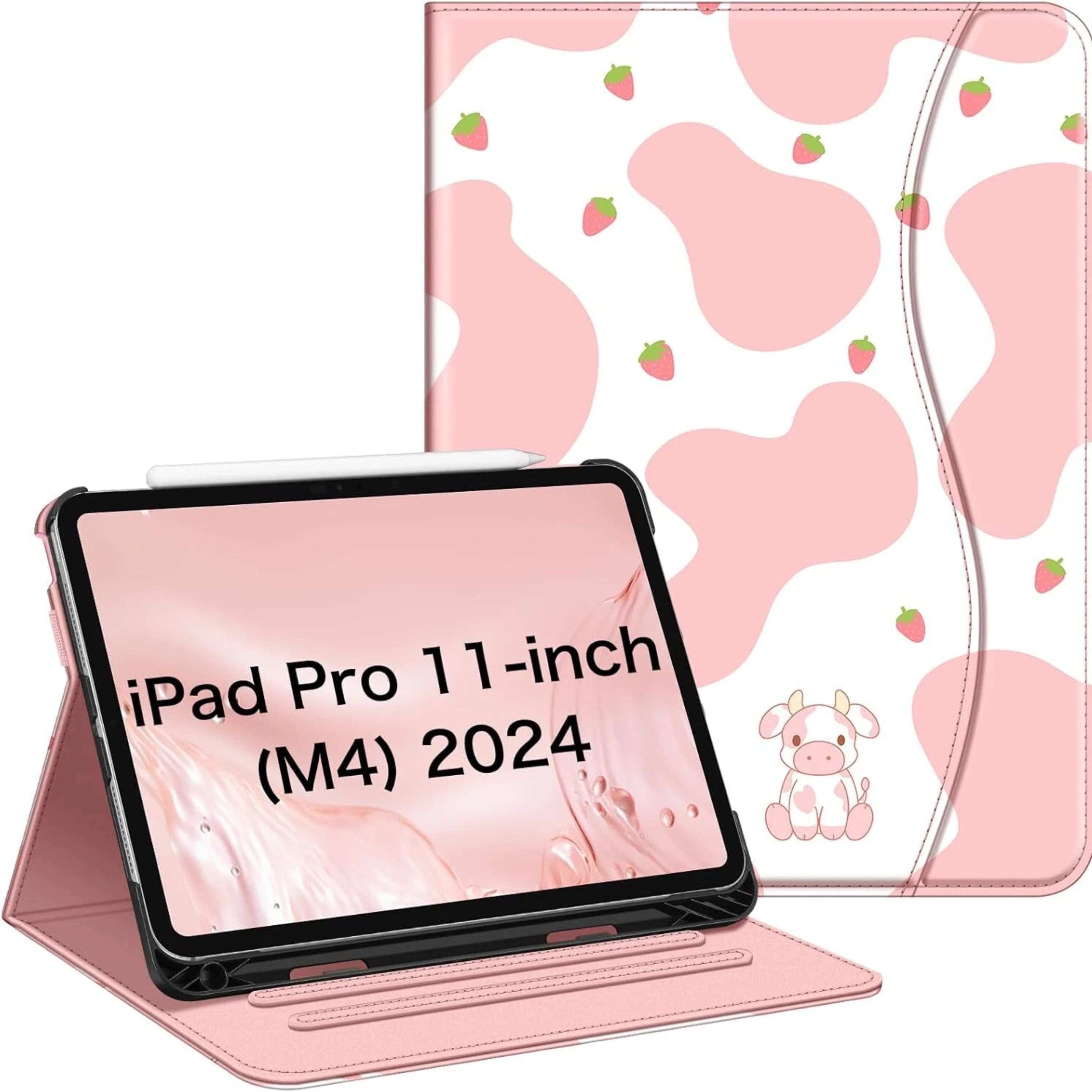 Kitcheniva - Multiple Angle Stand Case For iPad Pro 11 Inch M4 Smart Viewing Cover - Strawberry Cow