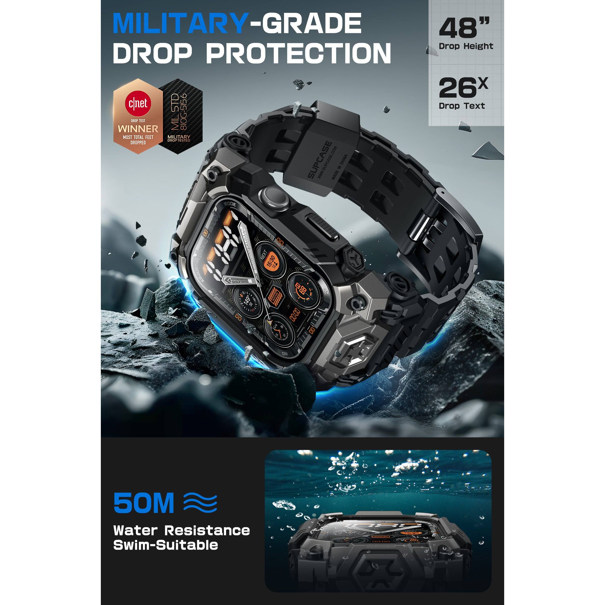 MILITARY-GRADE DROP PROTECTION

48" Drop Height

26x Drop Text

50M Water Resistance Swim-Suitable

c|net WINNER MOST TOTAL FEET DROPPED

MILITARY-STD 810G-556

SUPCASE

UPCME.COM